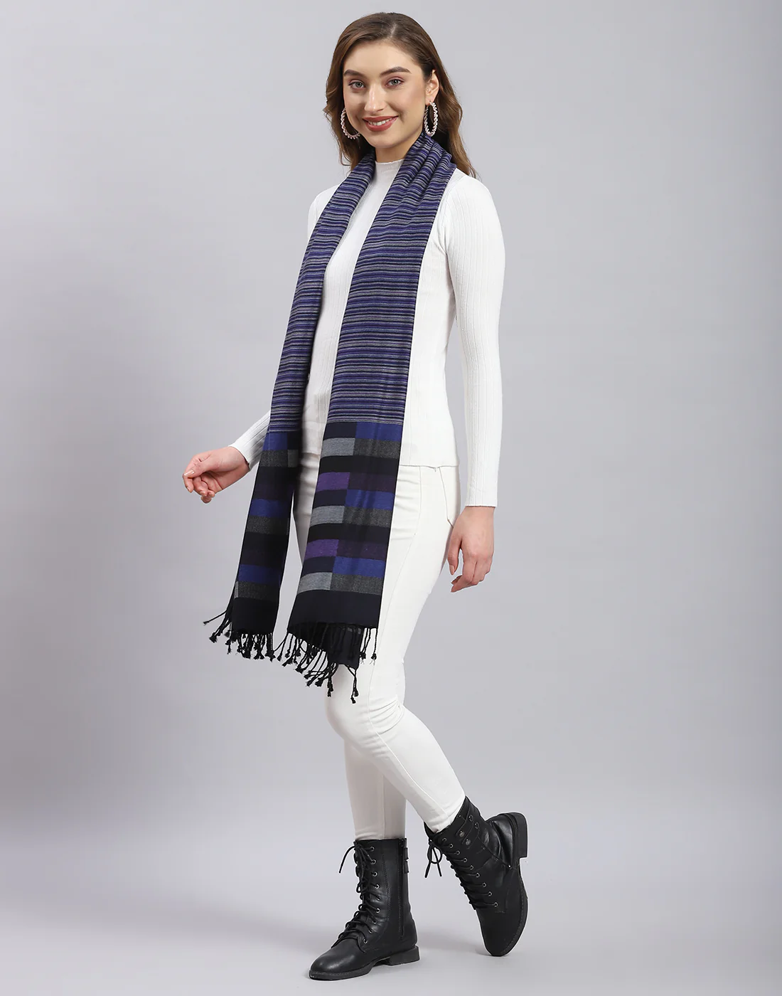 Women Blue Self Design Stole - Image 4