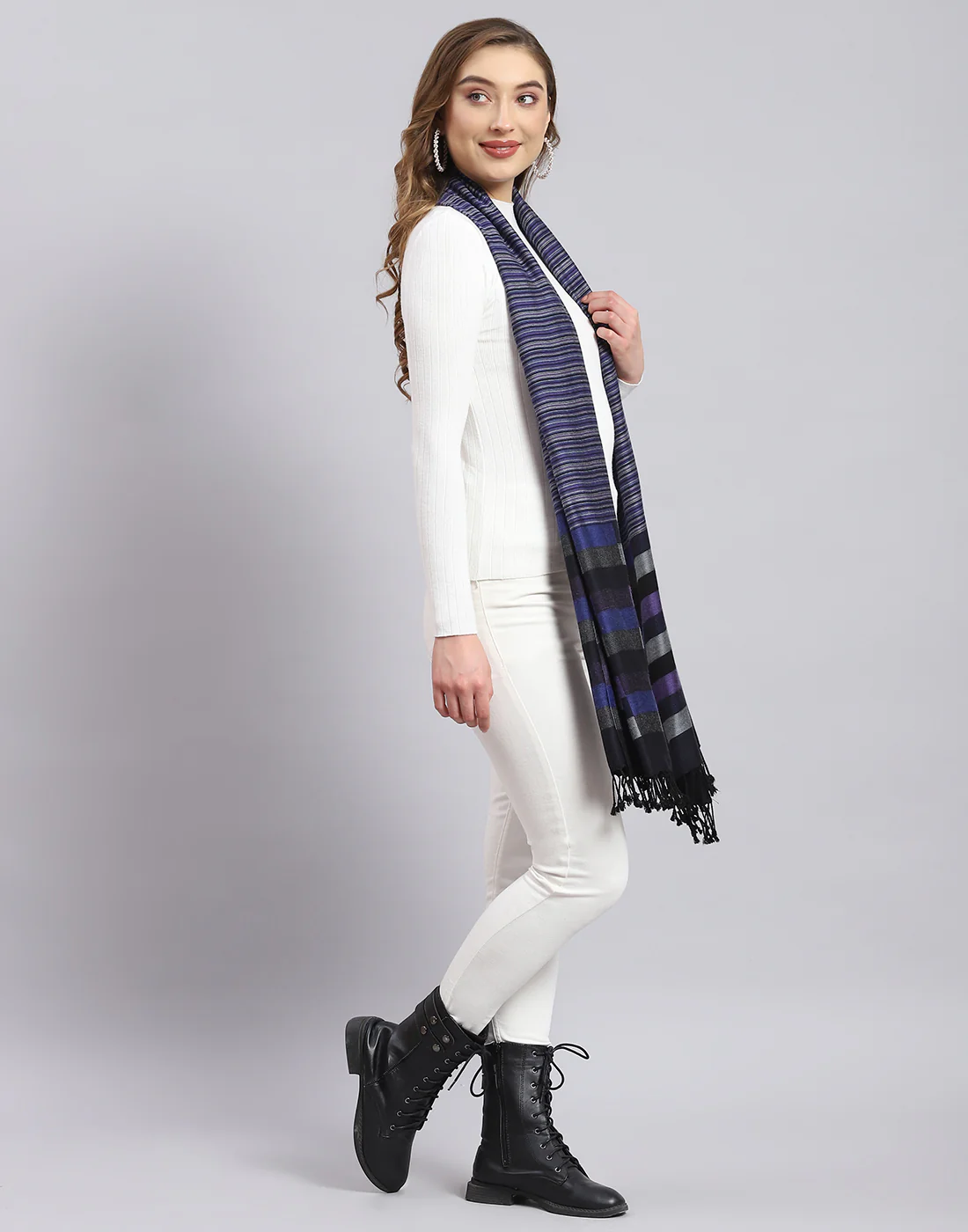 Women Blue Self Design Stole - Image 5