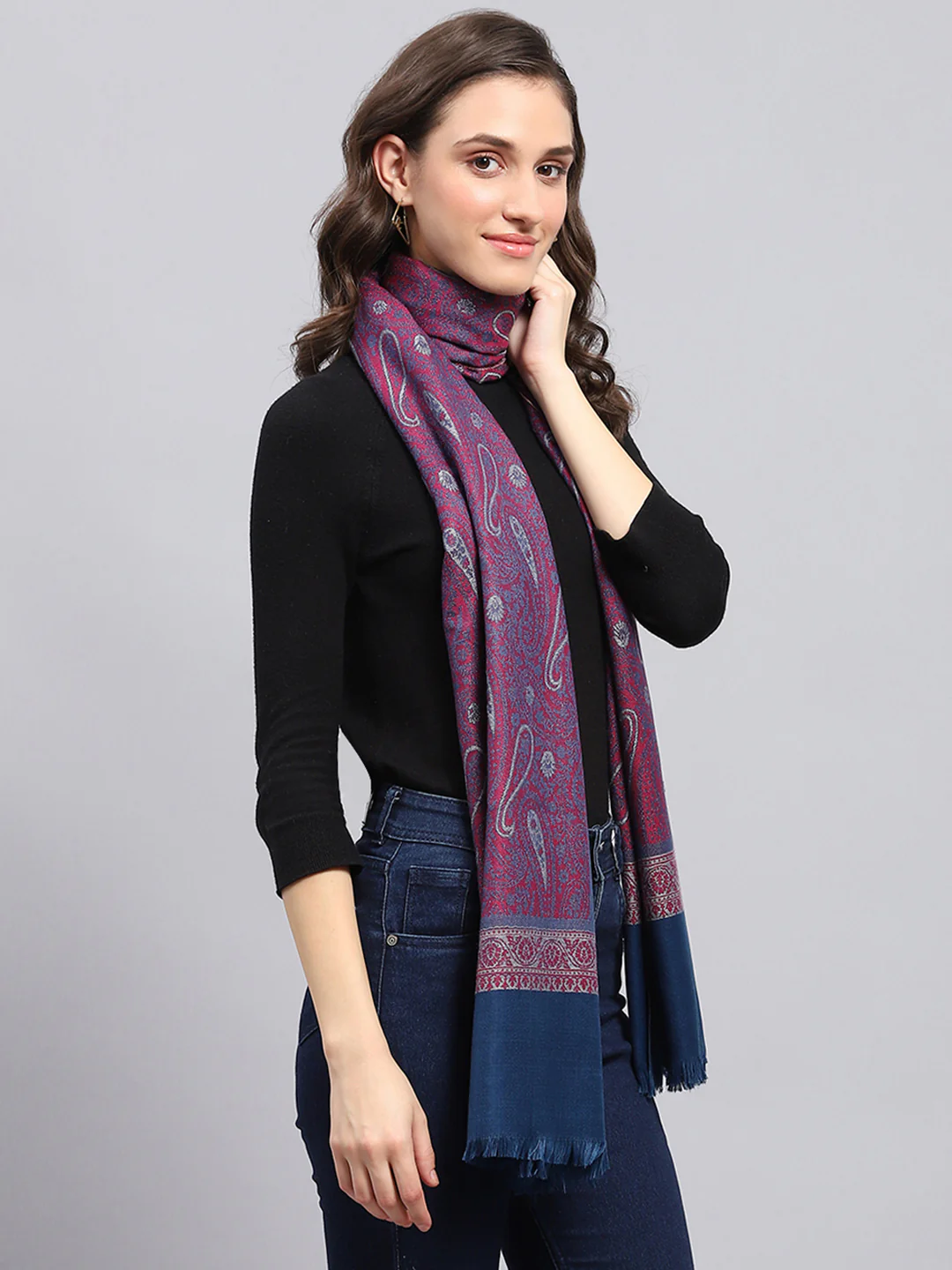 Women Blue Self Design Stole - Image 5