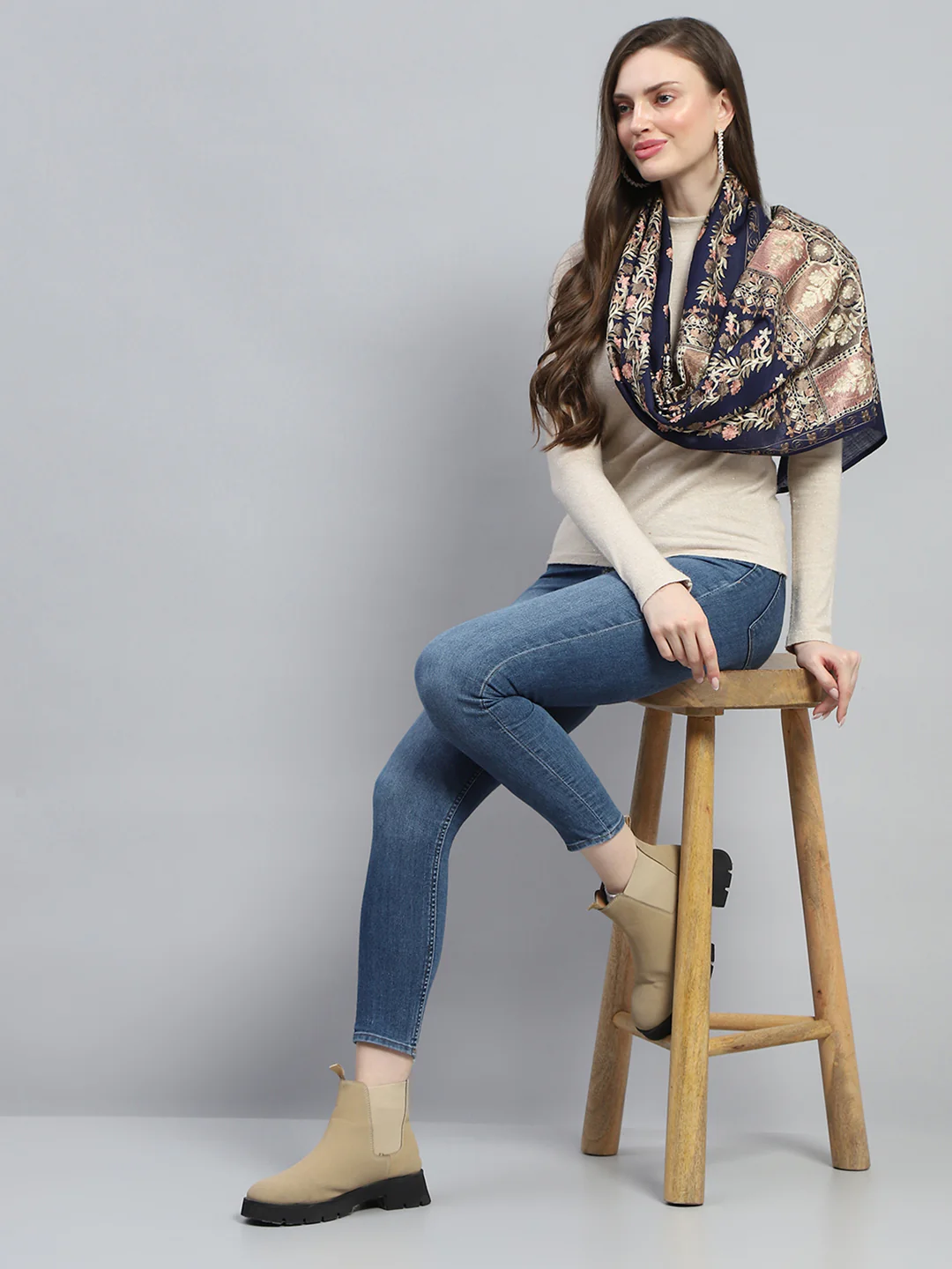 Women Blue Self Design Stole - Image 2