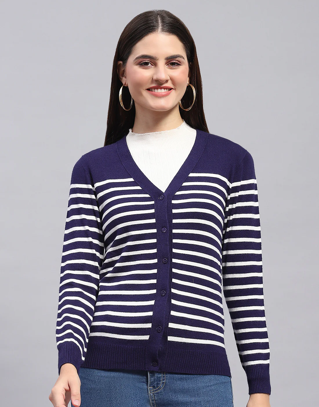 Women Blue Self Design V Neck Full Sleeve Cardigan - Image 2