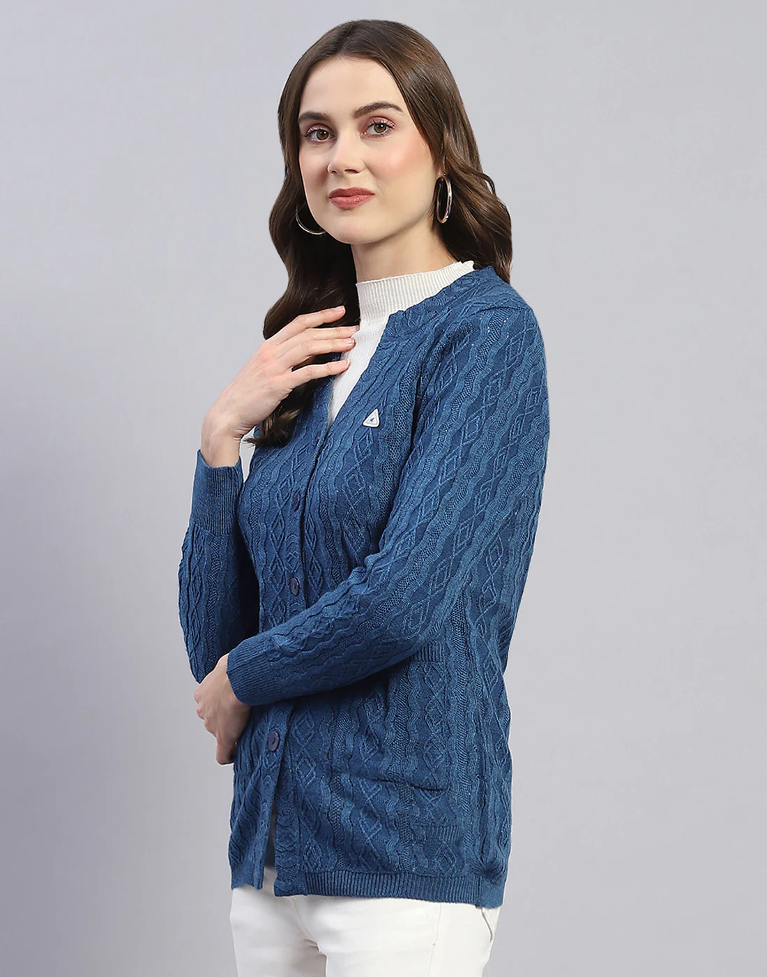 Women Blue Self Design V Neck Full Sleeve Cardigan - Image 3
