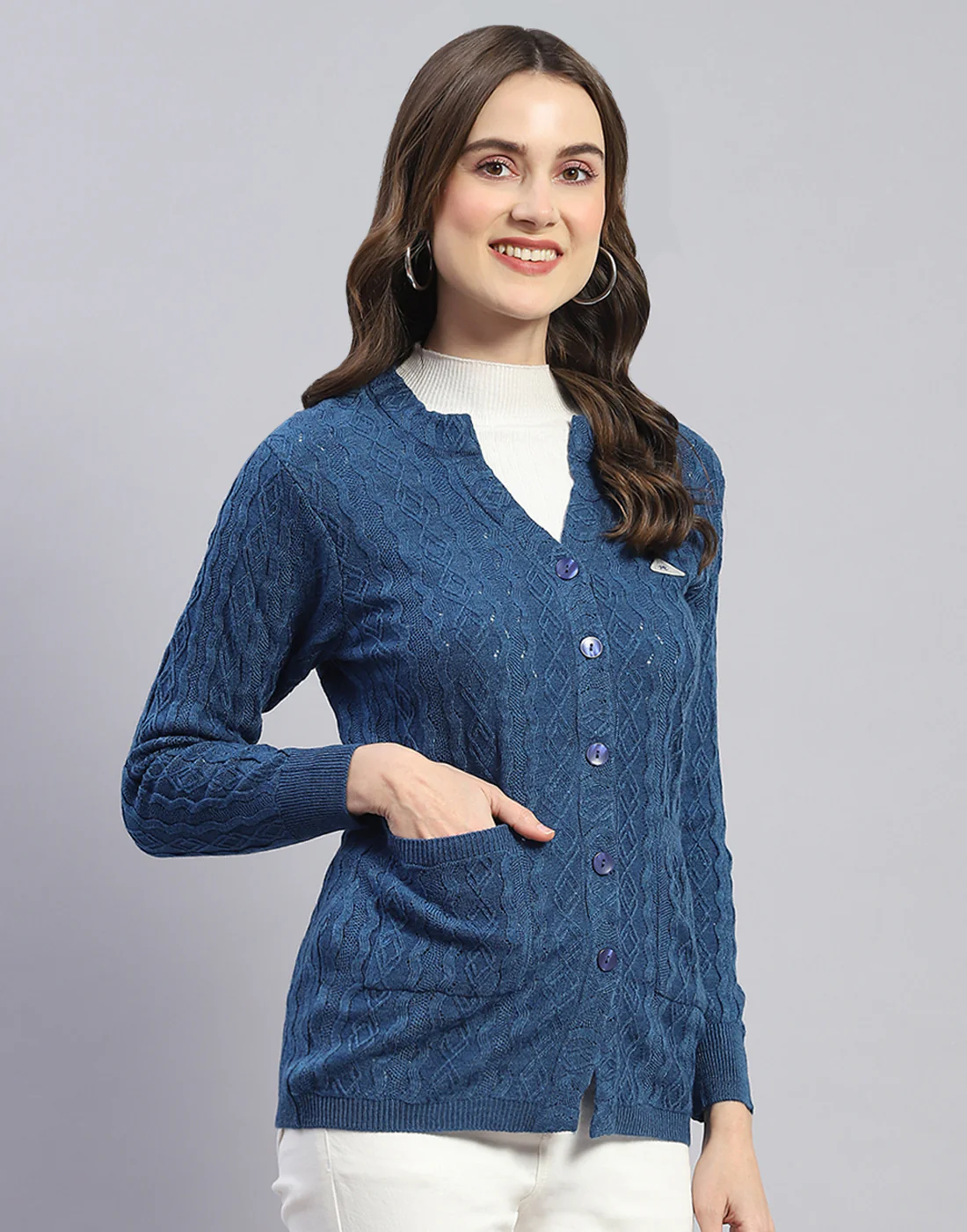 Women Blue Self Design V Neck Full Sleeve Cardigan - Image 4