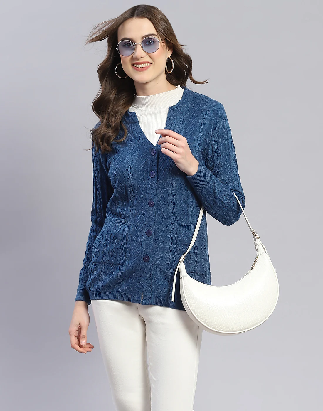 Women Blue Self Design V Neck Full Sleeve Cardigan - Image 6