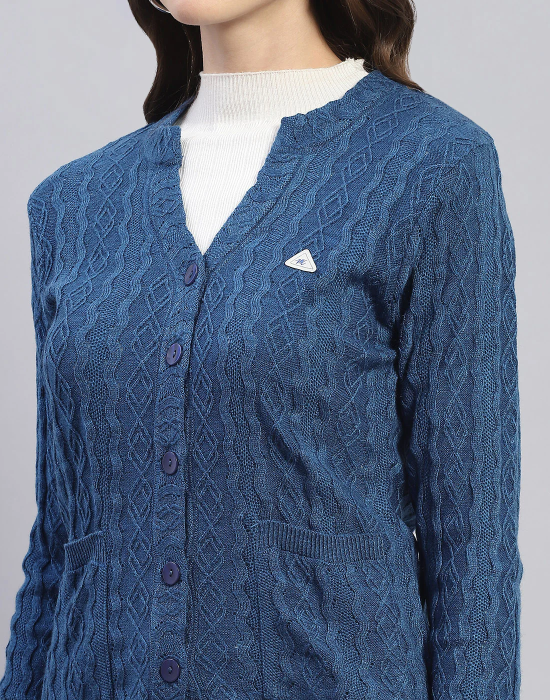Women Blue Self Design V Neck Full Sleeve Cardigan - Image 7