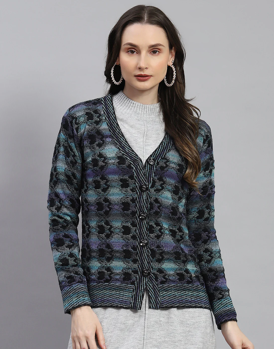 Women Blue Self Design V Neck Full Sleeve Cardigan - Image 2