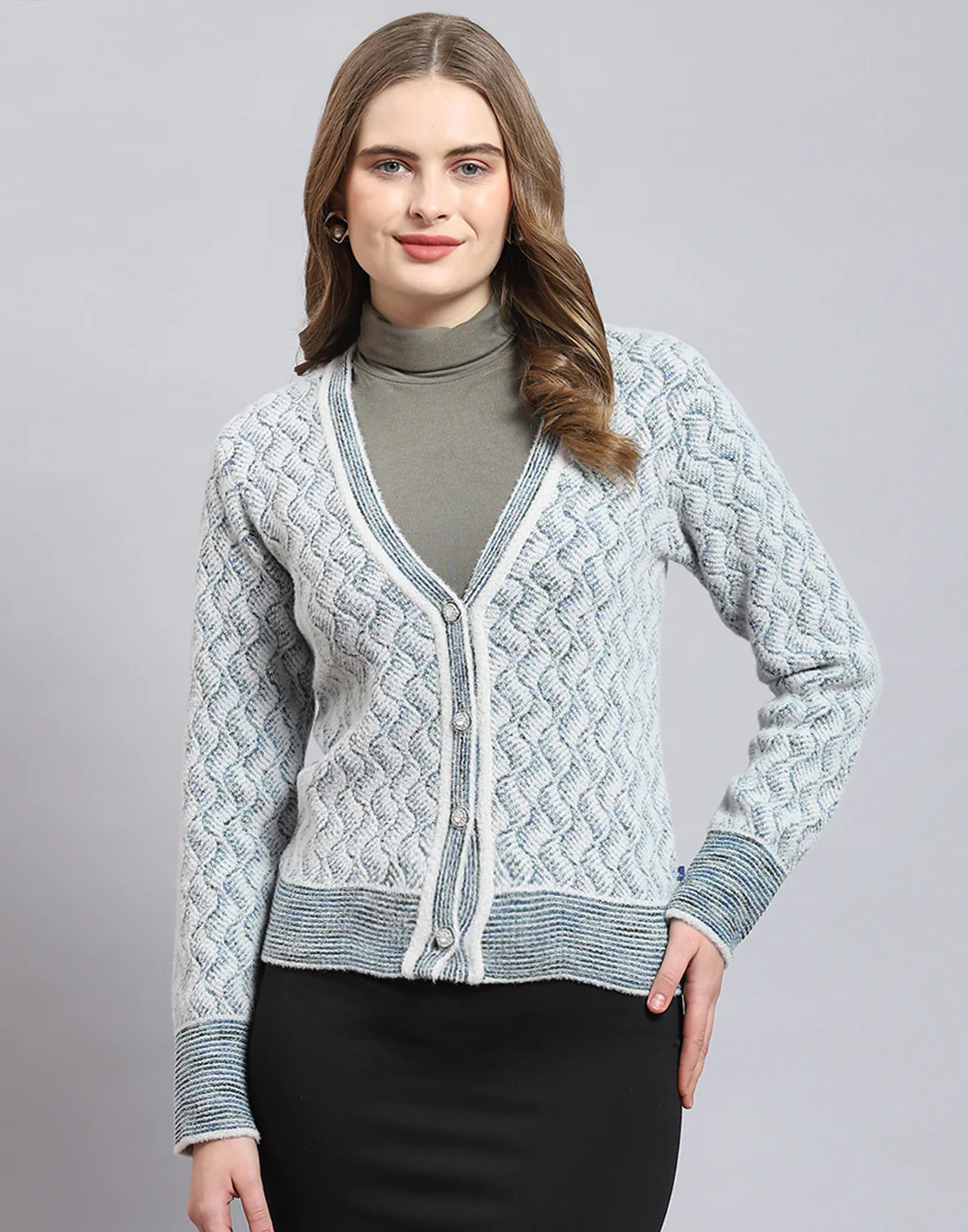 Women Blue Self Design V Neck Full Sleeve Cardigan - Image 2