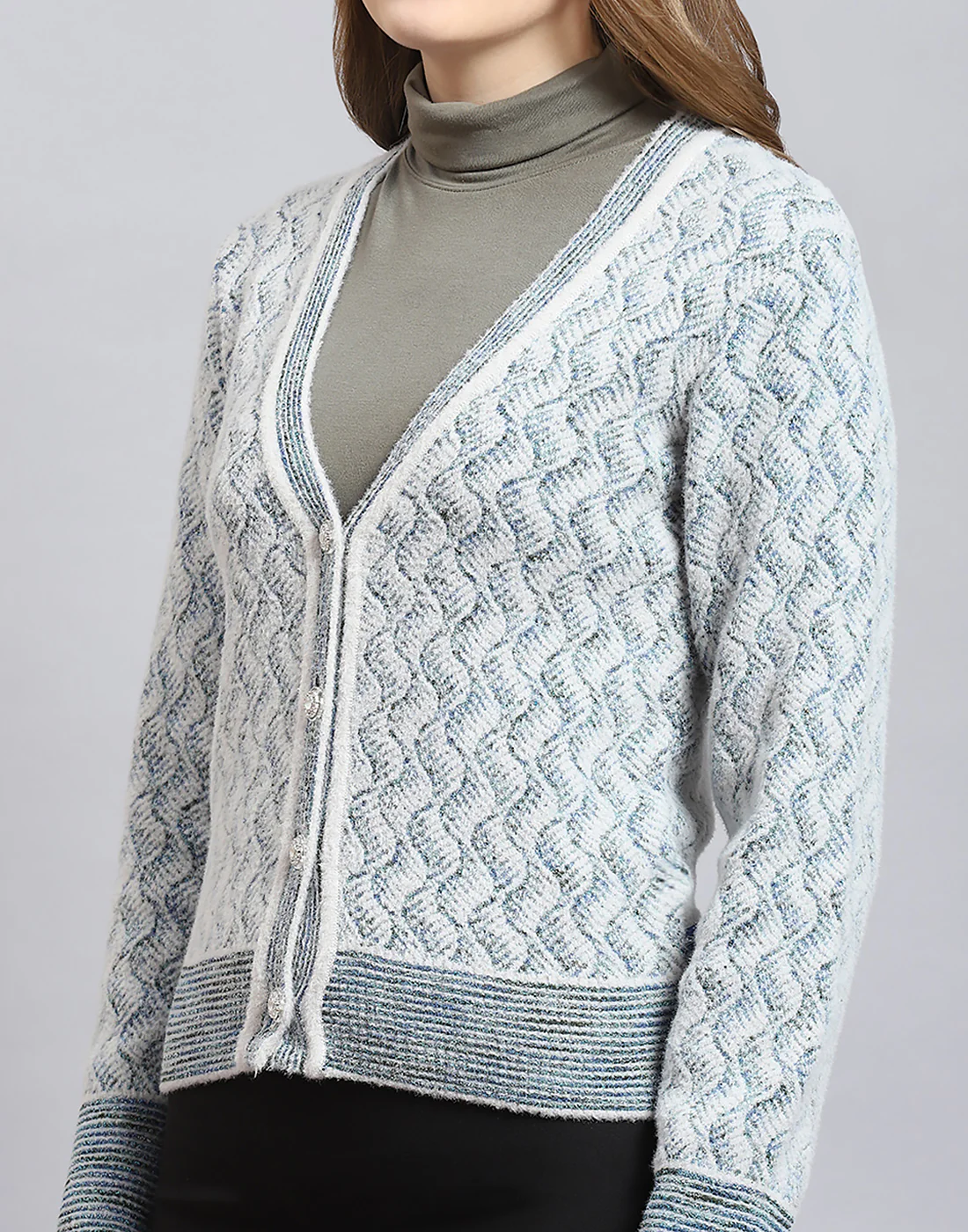 Women Blue Self Design V Neck Full Sleeve Cardigan - Image 6