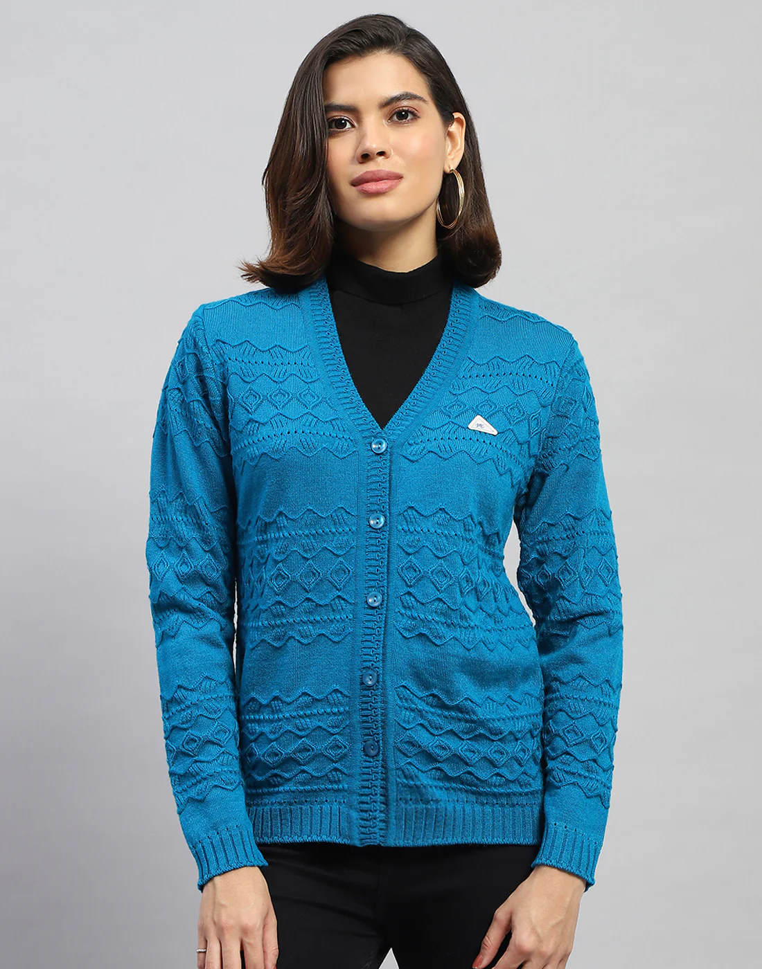 Women Blue Self Design V Neck Full Sleeve Cardigan - Image 2