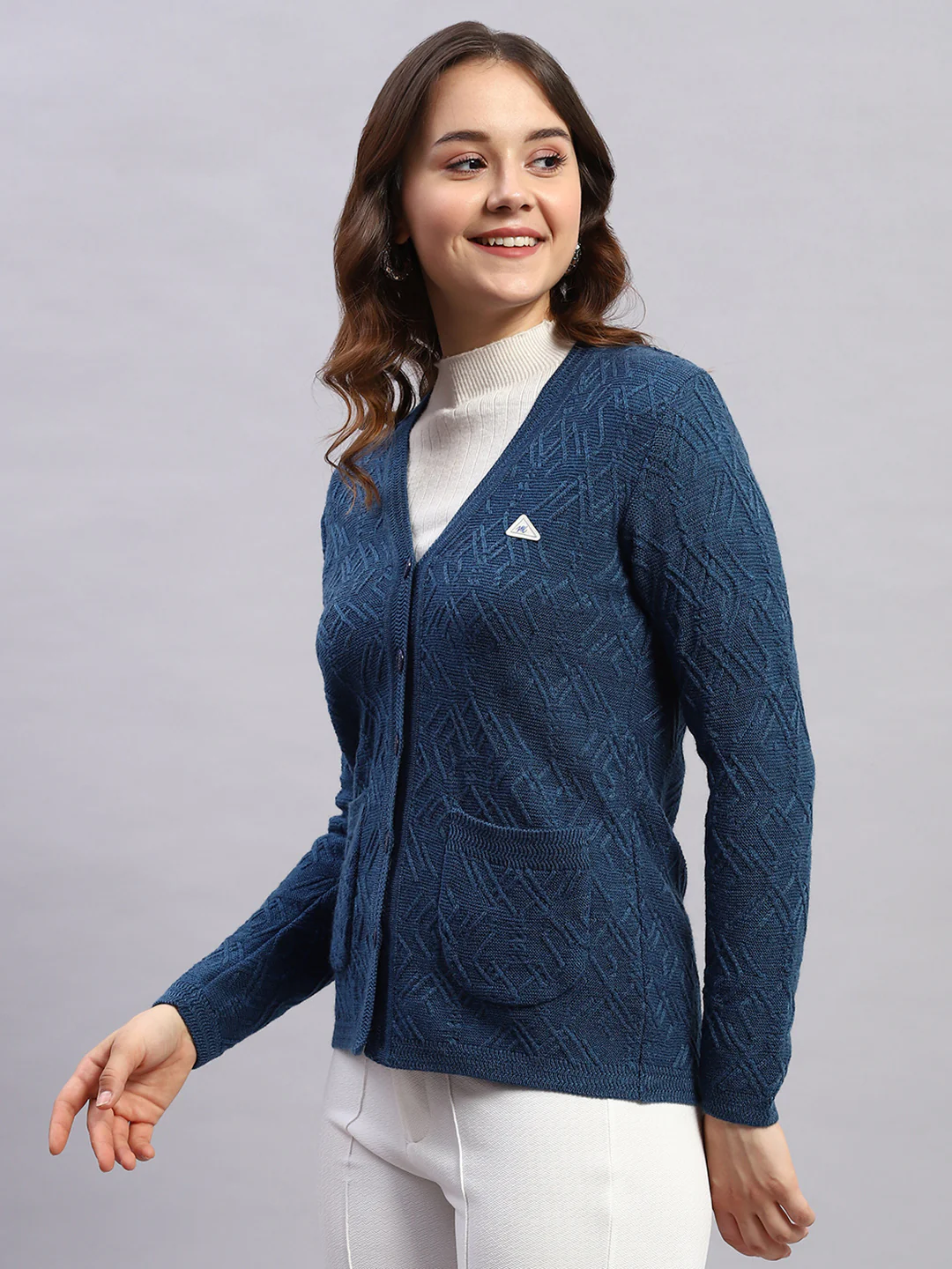 Women Blue Self Design V Neck Full Sleeve Cardigan - Image 3