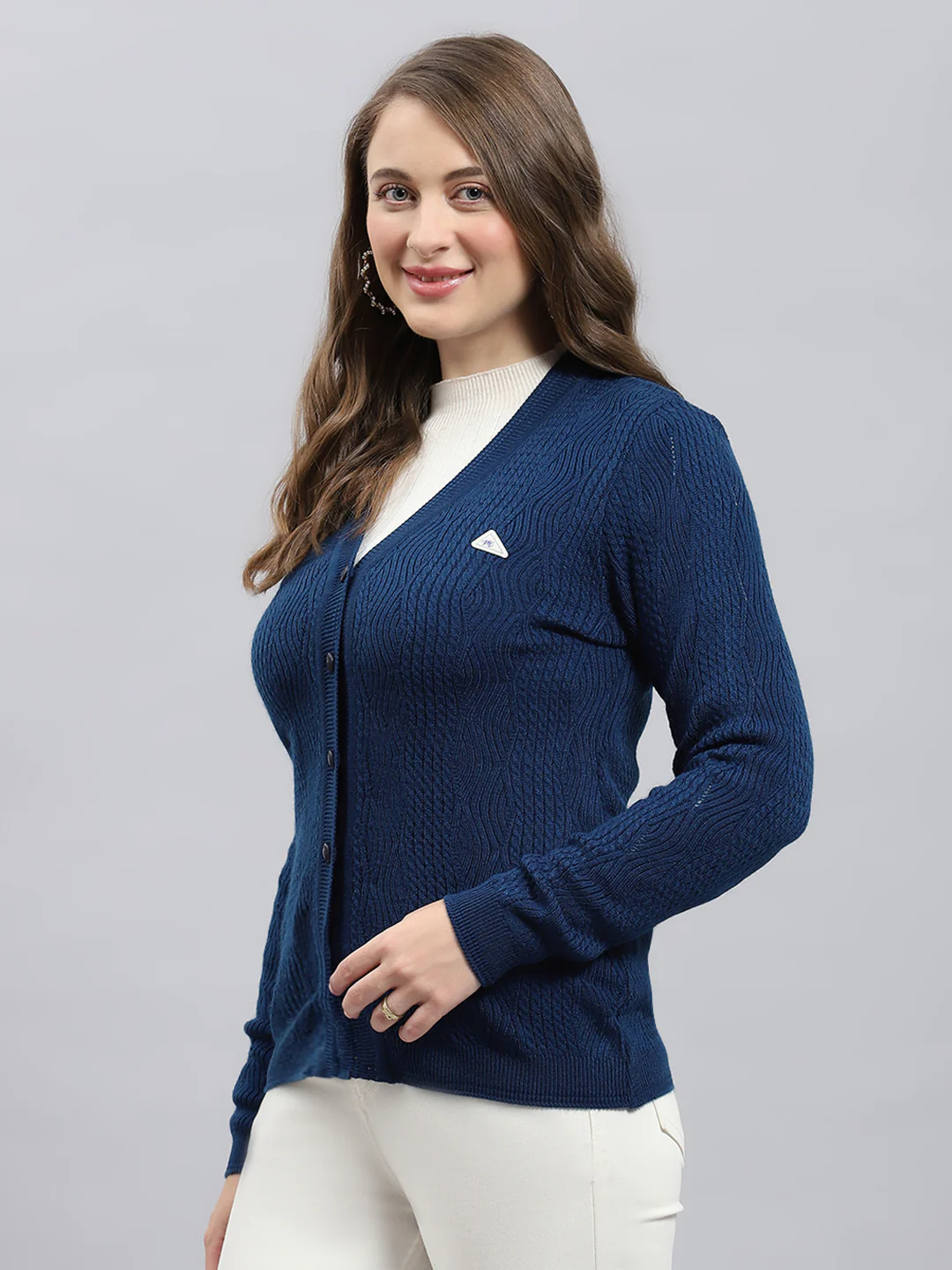 Women Blue Self Design V Neck Full Sleeve Cardigan - Image 3