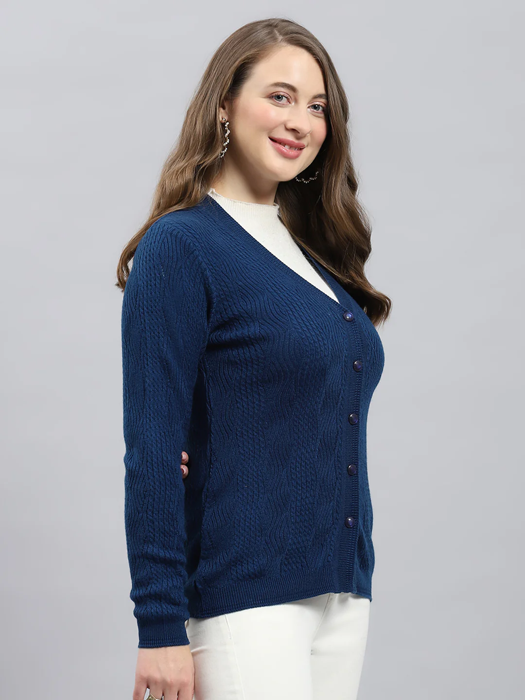 Women Blue Self Design V Neck Full Sleeve Cardigan - Image 4