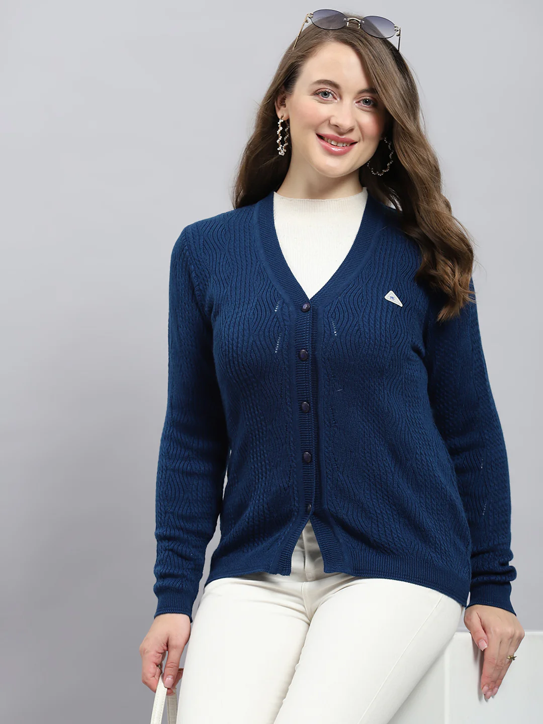 Women Blue Self Design V Neck Full Sleeve Cardigan - Image 6