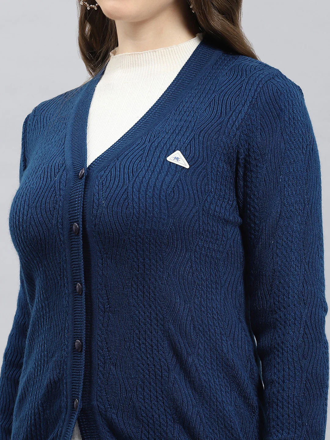 Women Blue Self Design V Neck Full Sleeve Cardigan - Image 7