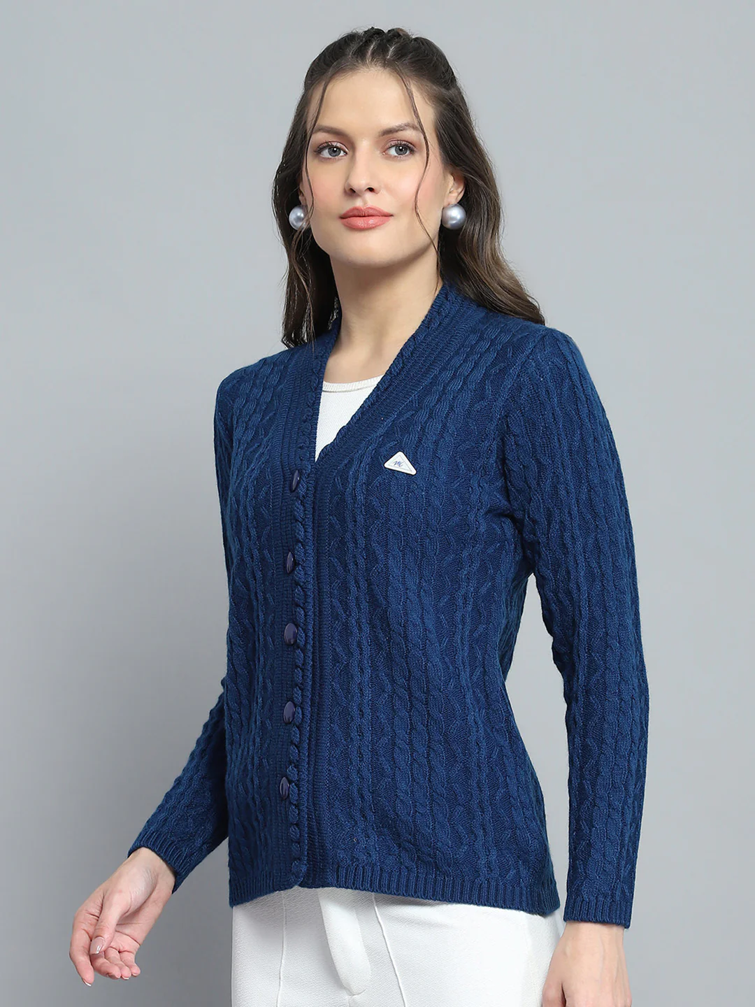 Women Blue Self Design V Neck Full Sleeve Cardigan - Image 3