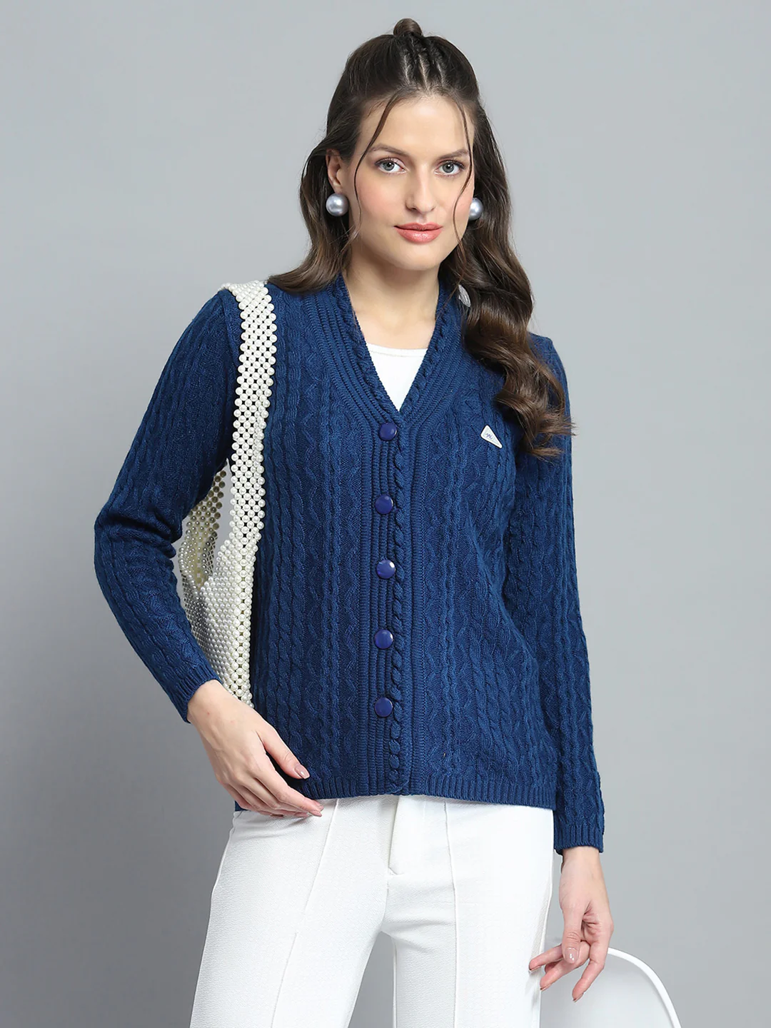 Women Blue Self Design V Neck Full Sleeve Cardigan - Image 6