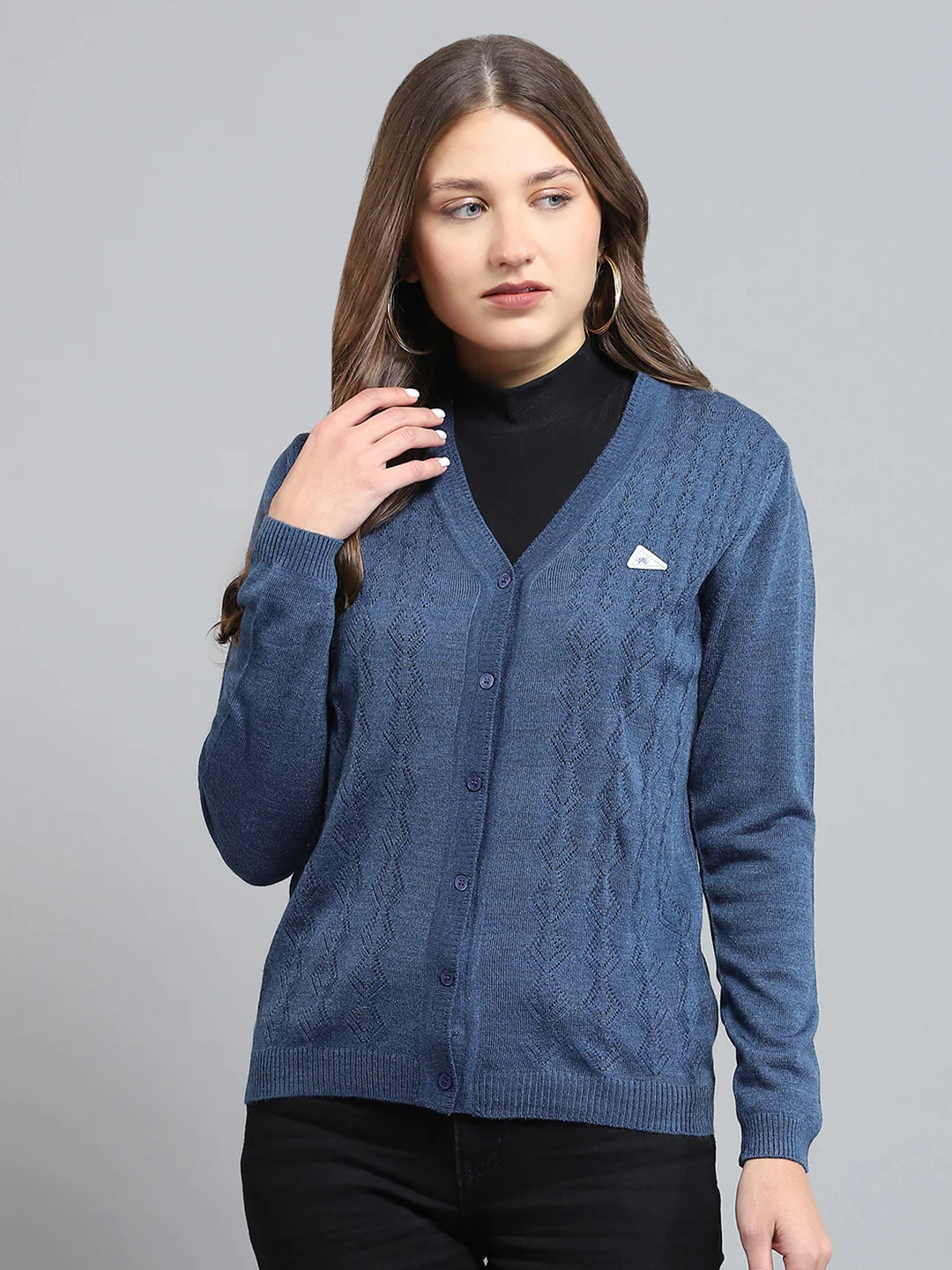 Women Blue Self Design V Neck Full Sleeve Cardigan