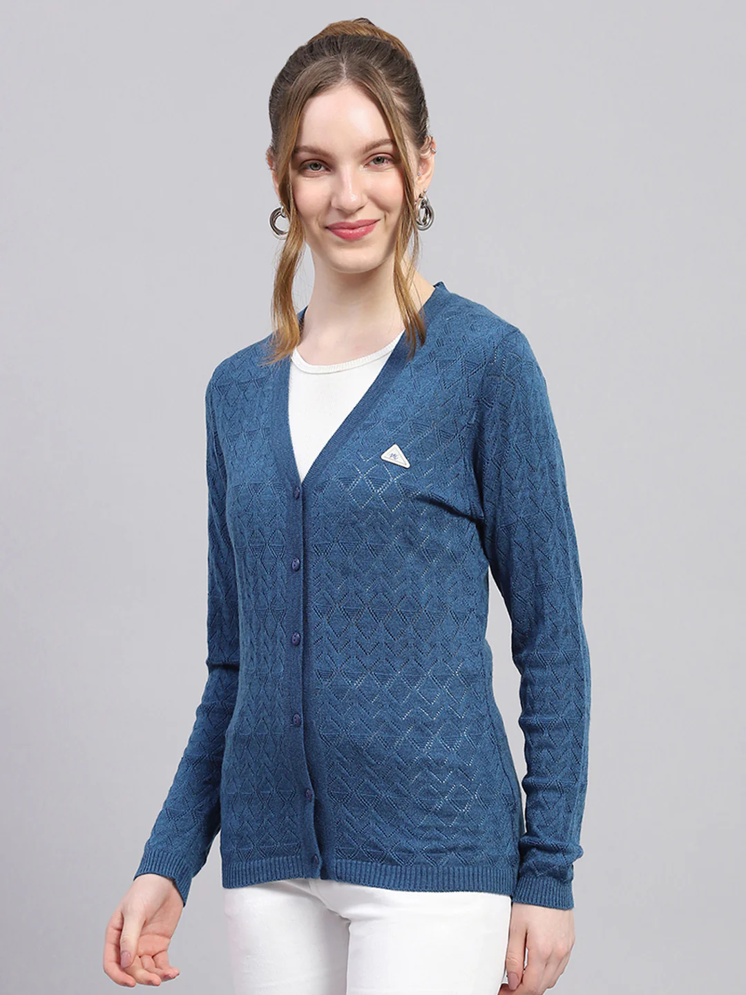 Women Blue Self Design V Neck Full Sleeve Cardigan - Image 3