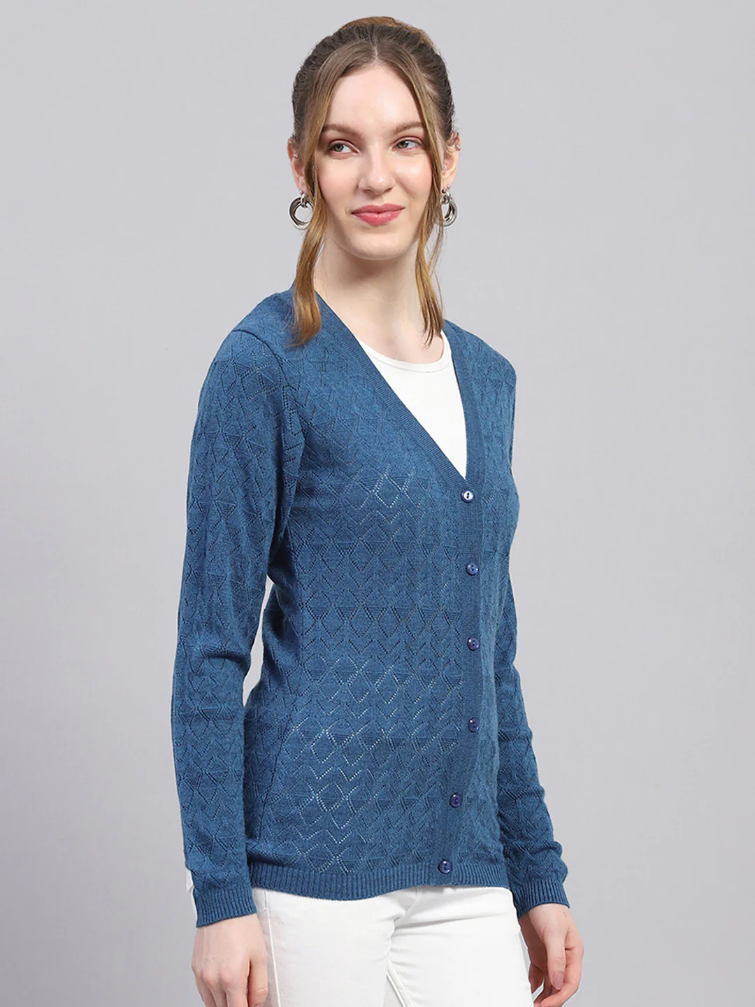 Women Blue Self Design V Neck Full Sleeve Cardigan - Image 4