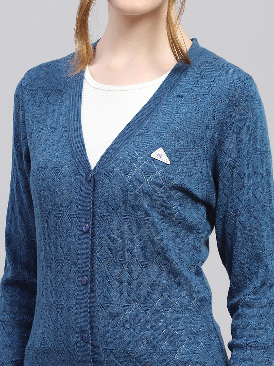 Women Blue Self Design V Neck Full Sleeve Cardigan - Image 6