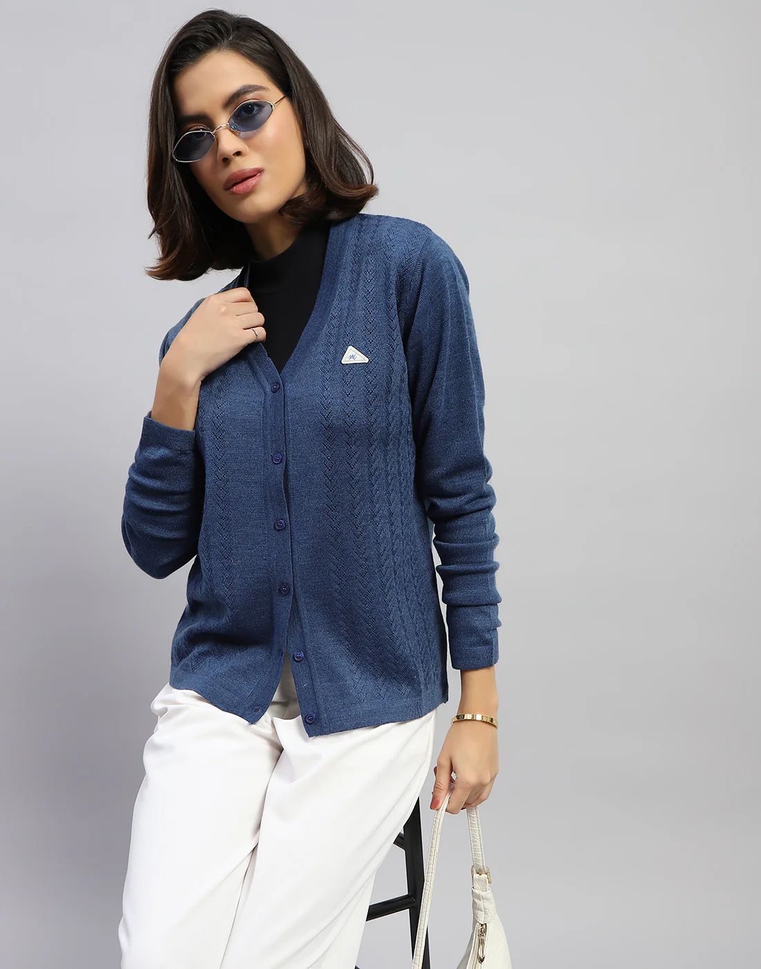 Women Blue Self Design V Neck Full Sleeve Cardigan - Image 2