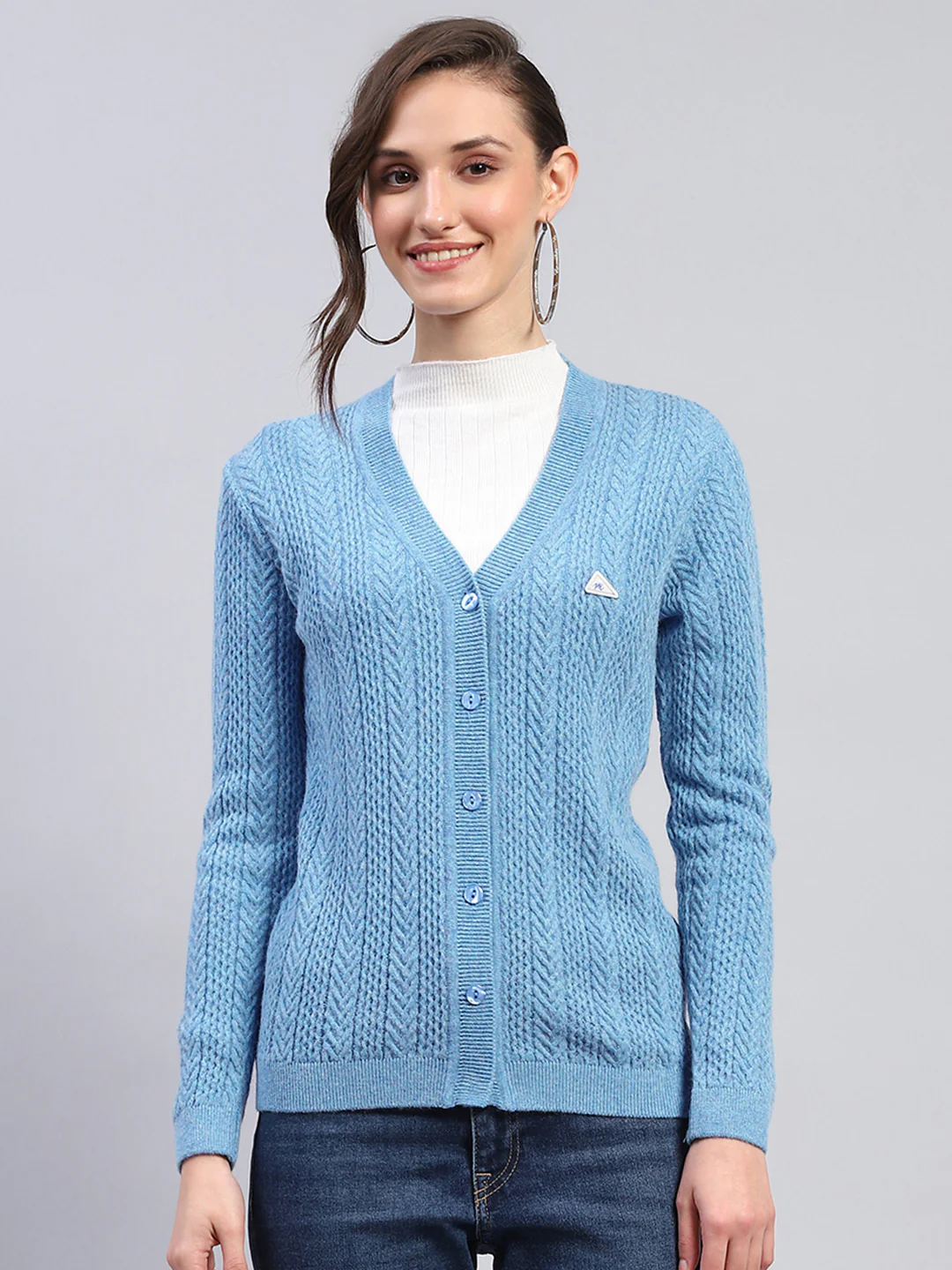 Women Blue Self Design V Neck Full Sleeve Cardigan