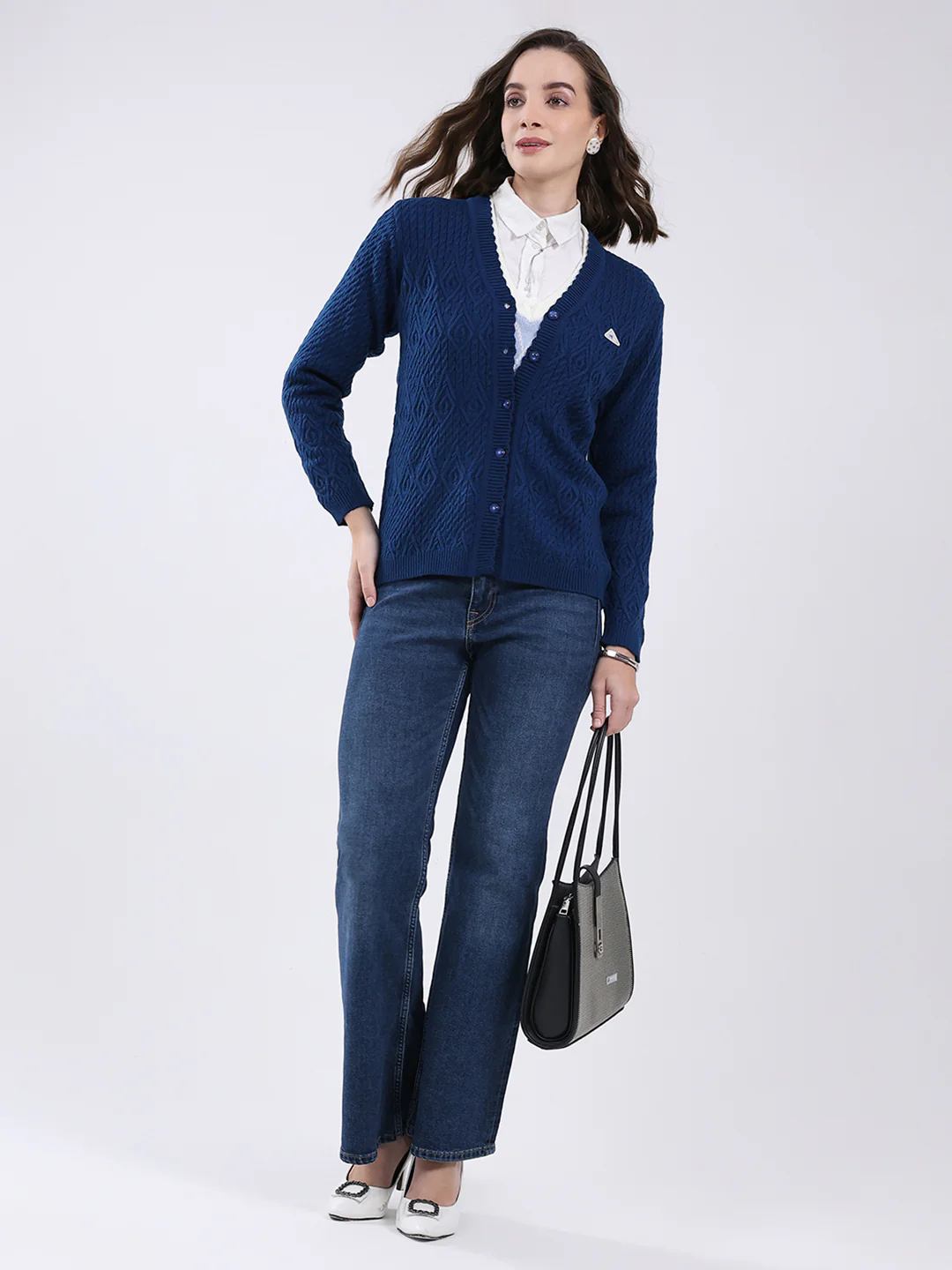 Women Blue Self Design V Neck Full Sleeve Cardigan - Image 2