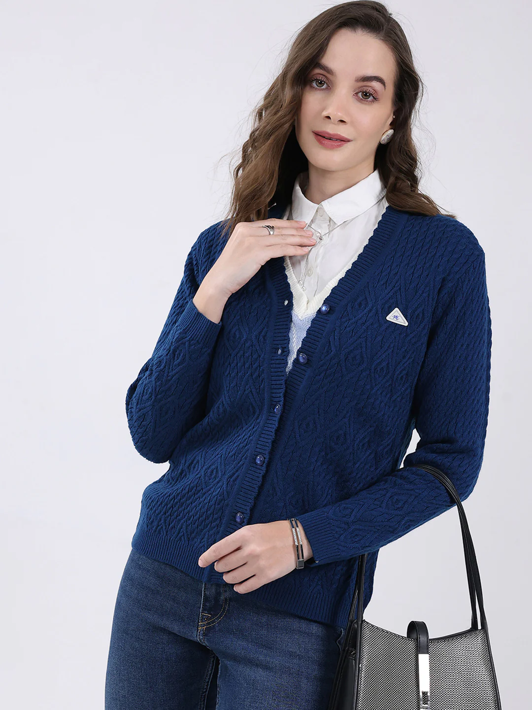 Women Blue Self Design V Neck Full Sleeve Cardigan - Image 6
