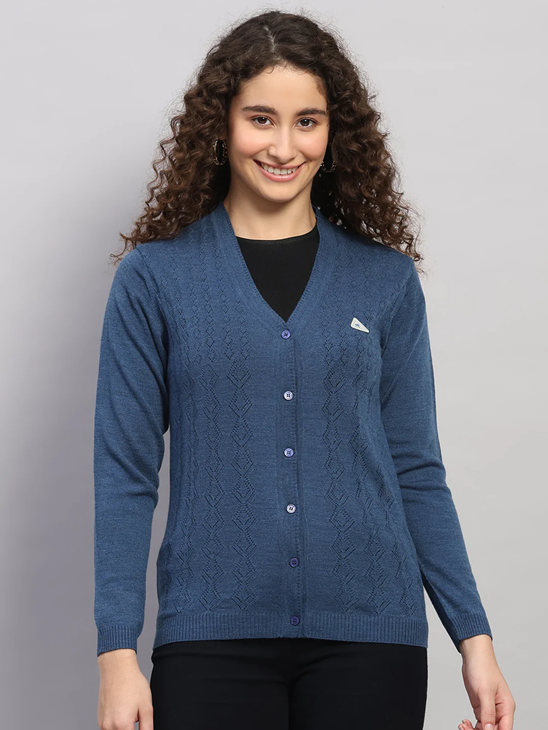 Women Blue Self Design V Neck Full Sleeve Cardigan