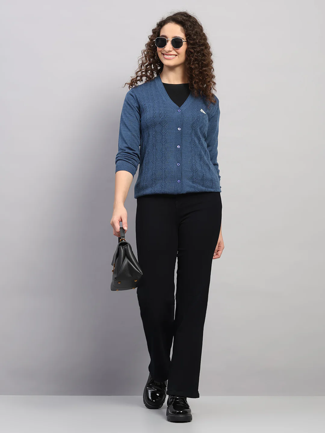 Women Blue Self Design V Neck Full Sleeve Cardigan - Image 2