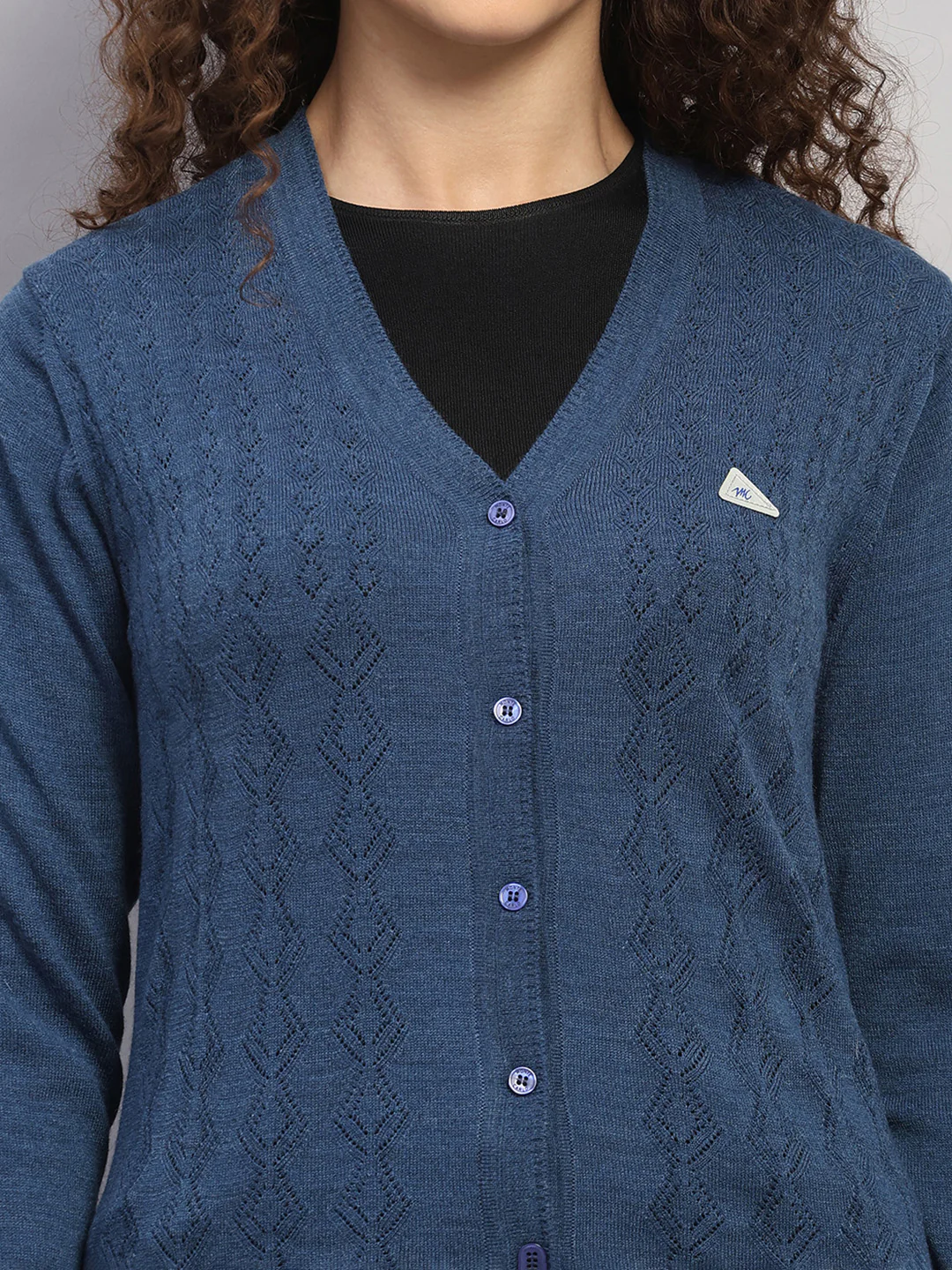 Women Blue Self Design V Neck Full Sleeve Cardigan - Image 6
