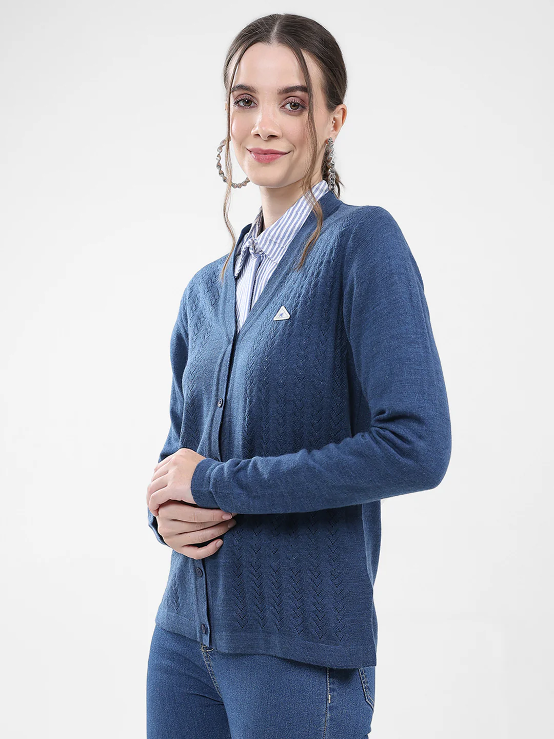 Women Blue Self Design V Neck Full Sleeve Cardigan - Image 3