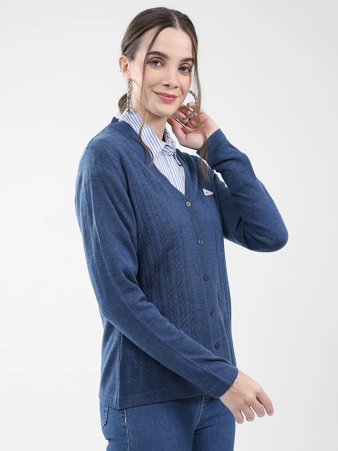 Women Blue Self Design V Neck Full Sleeve Cardigan - Image 4