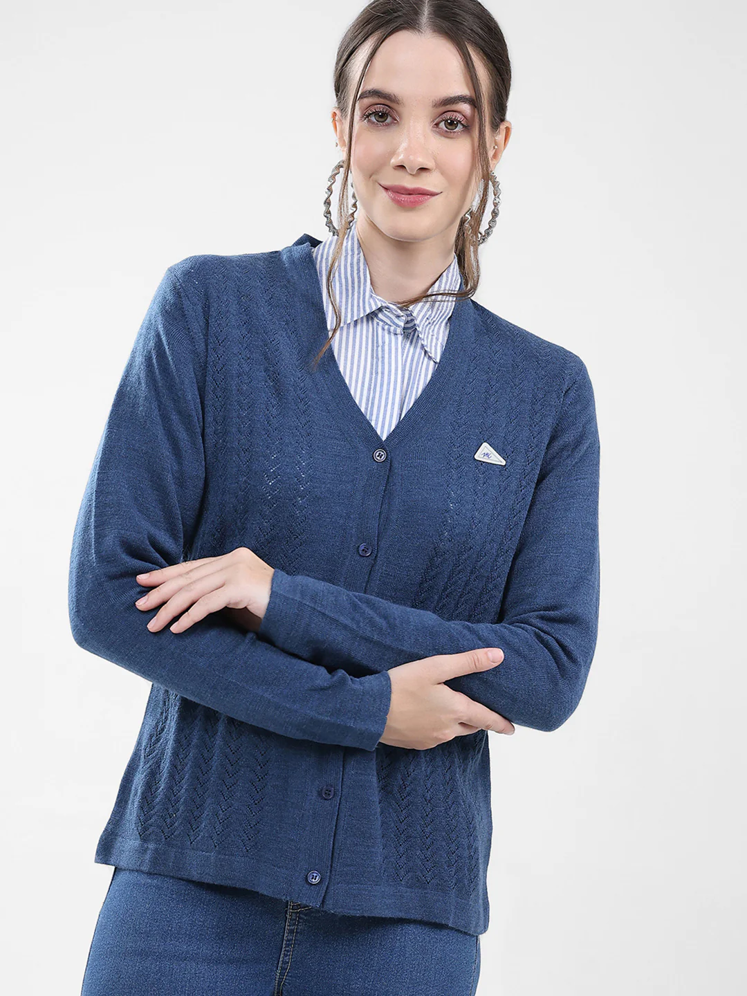 Women Blue Self Design V Neck Full Sleeve Cardigan - Image 7