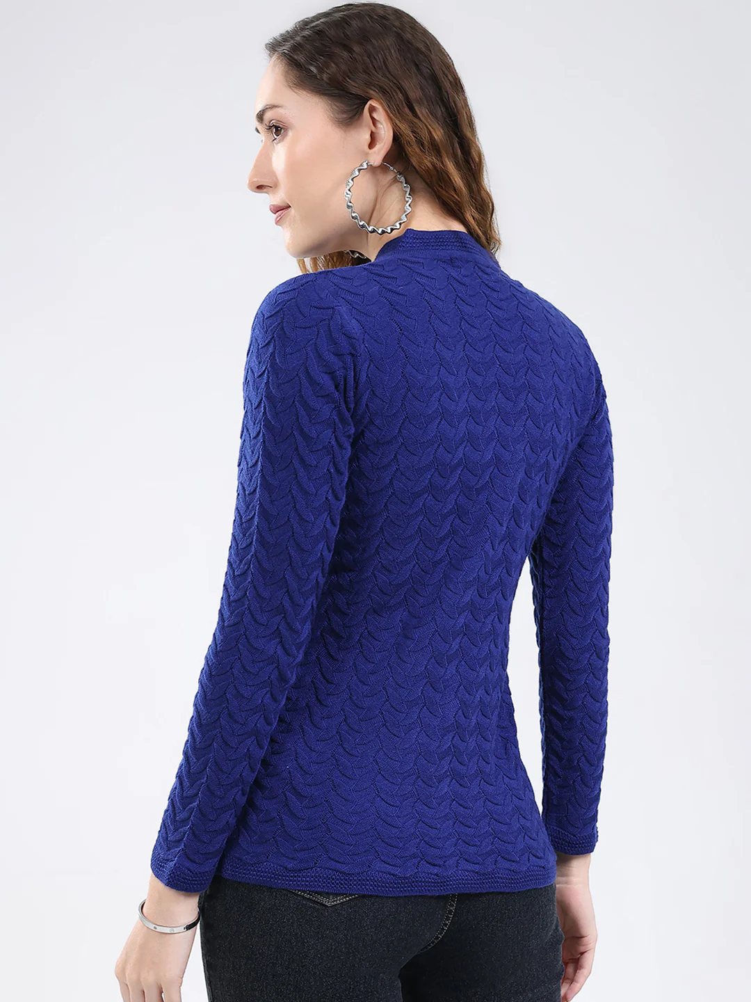 Women Blue Self Design V Neck Full Sleeve Cardigan - Image 5