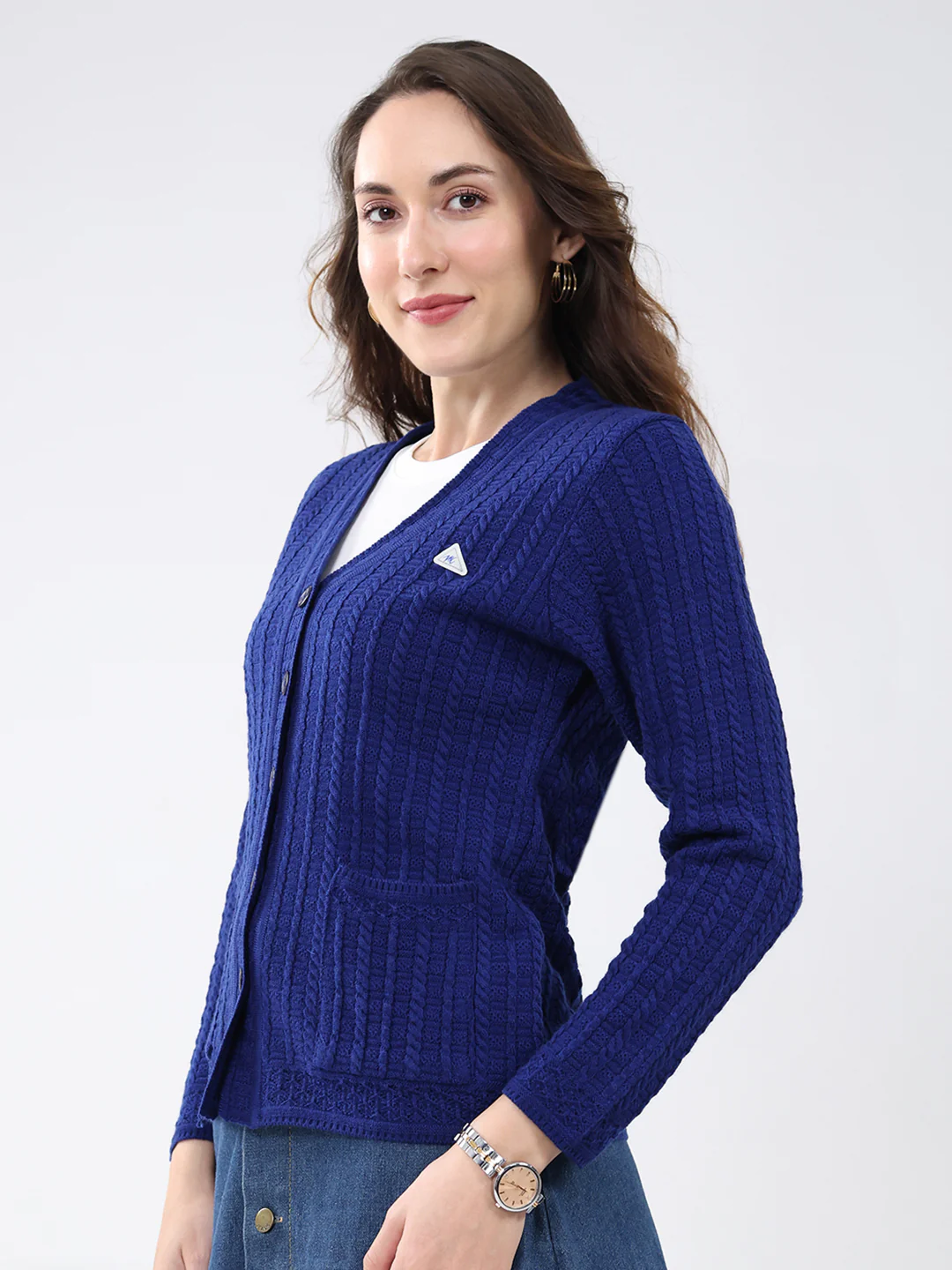 Women Blue Self Design V Neck Full Sleeve Cardigan - Image 3