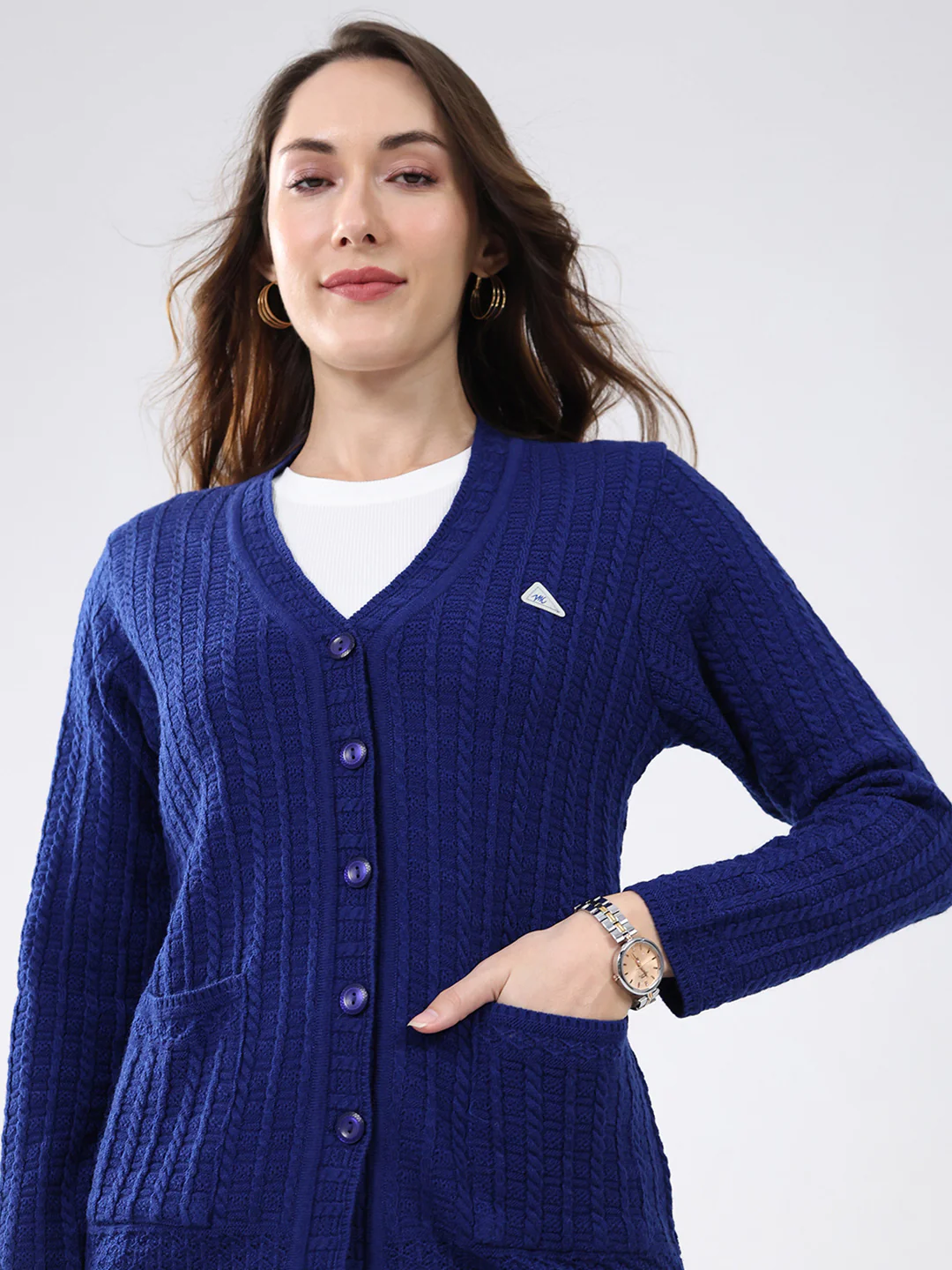 Women Blue Self Design V Neck Full Sleeve Cardigan - Image 7