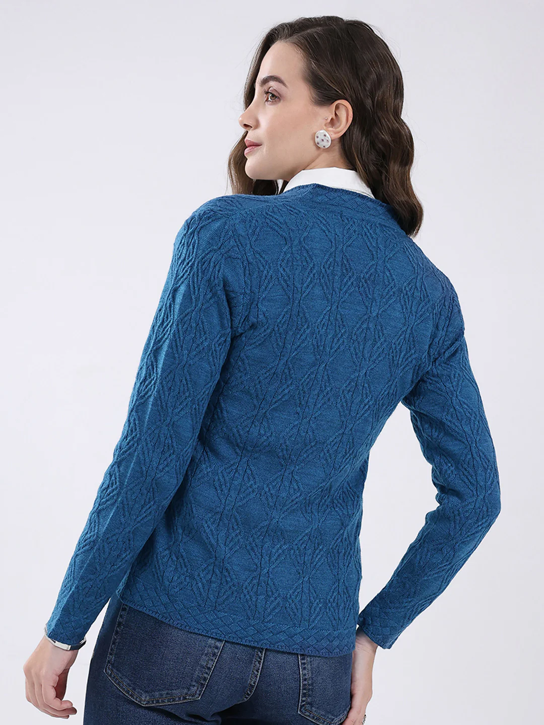 Women Blue Self Design V Neck Full Sleeve Cardigan - Image 5