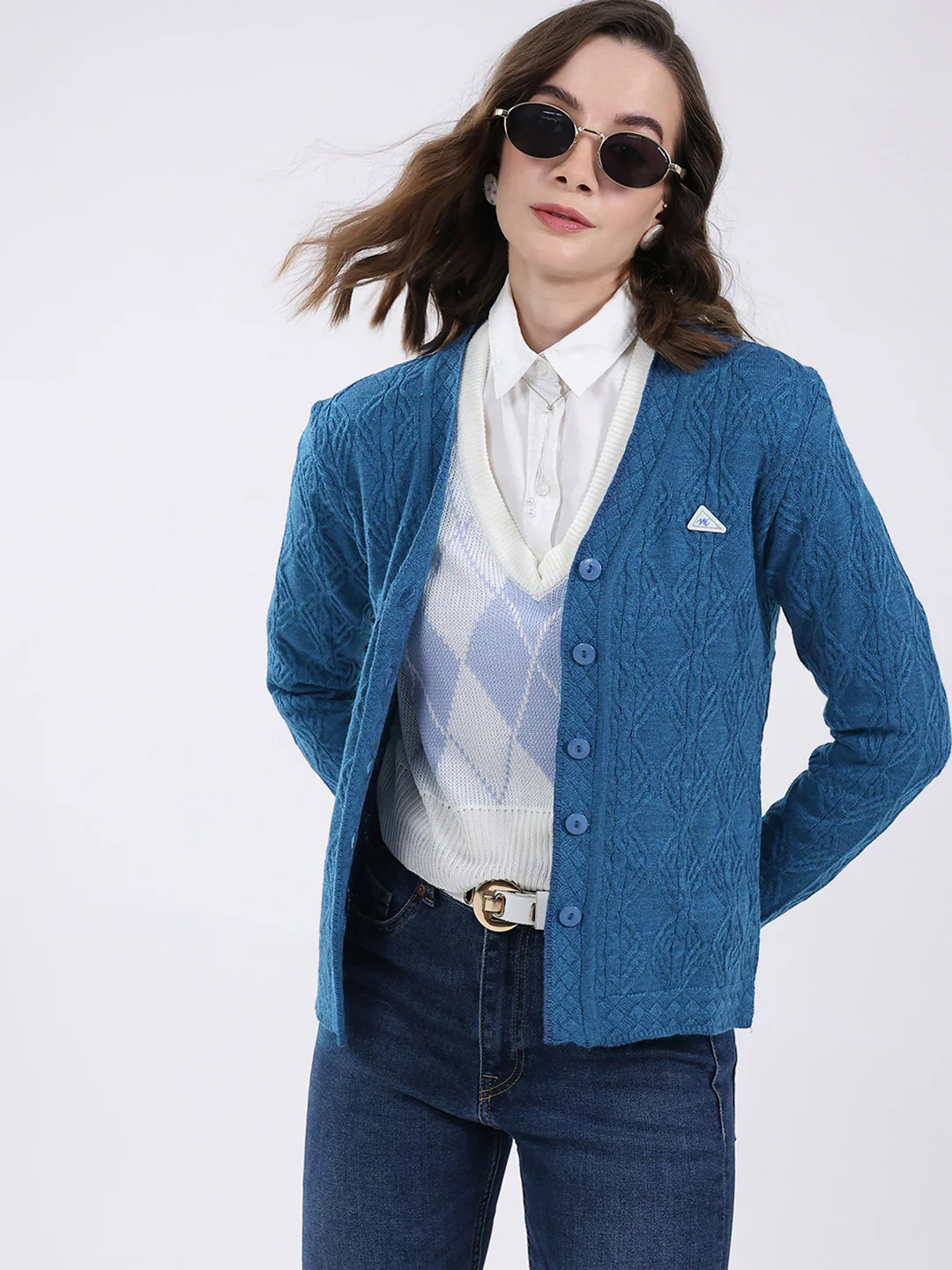 Women Blue Self Design V Neck Full Sleeve Cardigan - Image 6