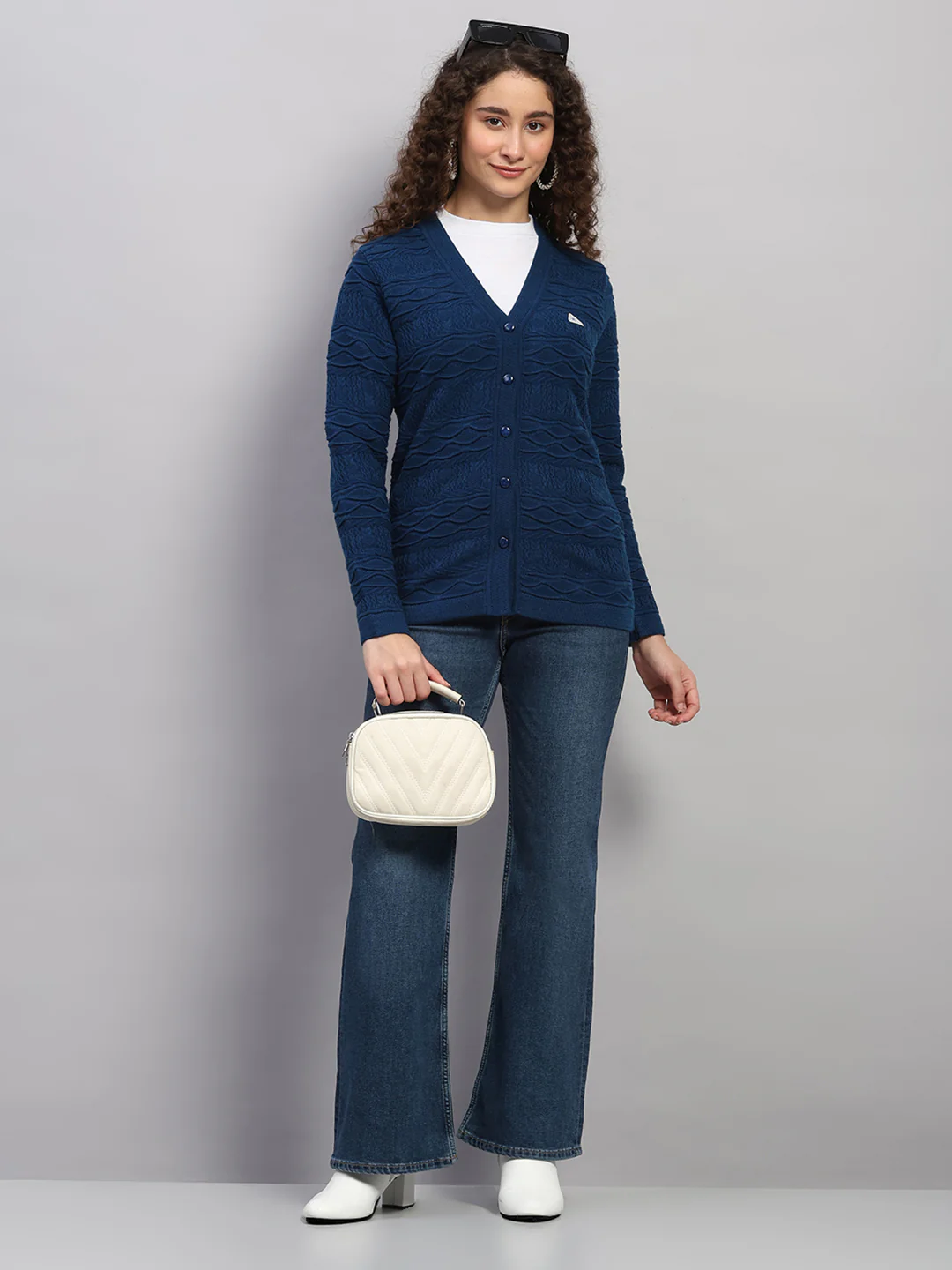 Women Blue Self Design V Neck Full Sleeve Cardigan - Image 2