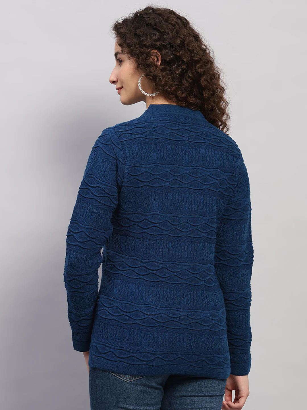 Women Blue Self Design V Neck Full Sleeve Cardigan - Image 5