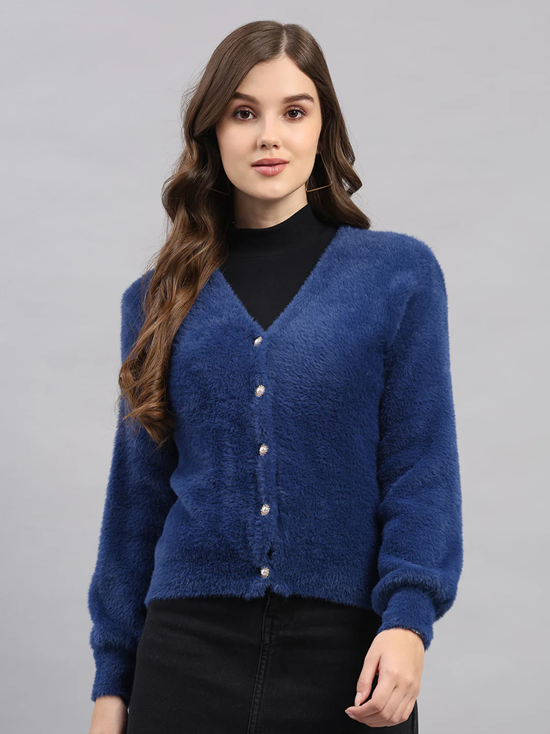 Women Blue Self Design V Neck Full Sleeve Cardigan