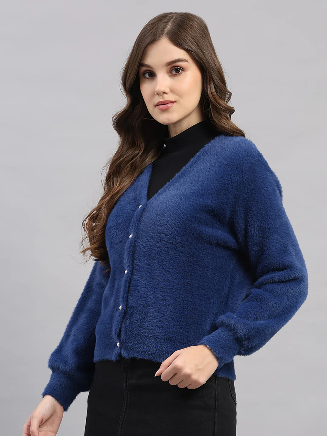 Women Blue Self Design V Neck Full Sleeve Cardigan - Image 3