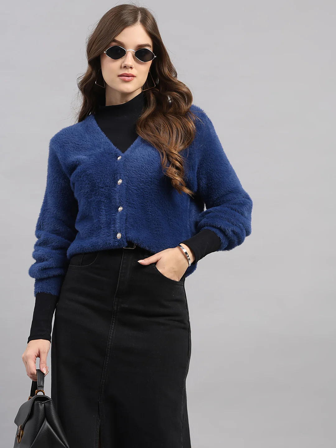 Women Blue Self Design V Neck Full Sleeve Cardigan - Image 6