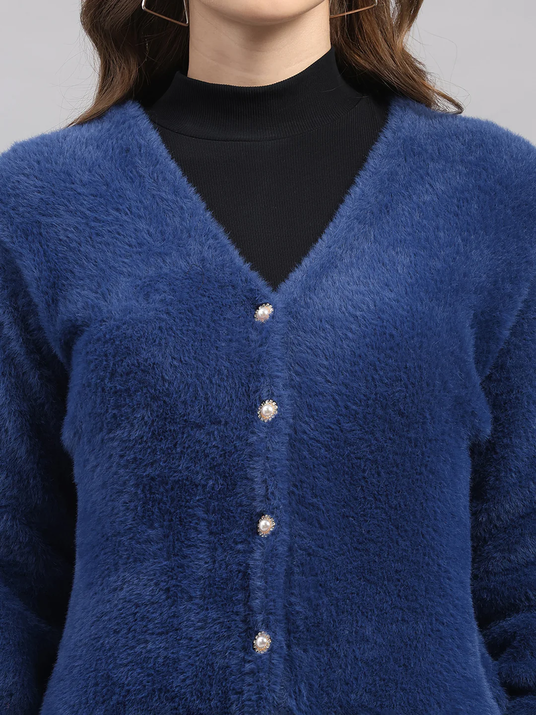 Women Blue Self Design V Neck Full Sleeve Cardigan - Image 7