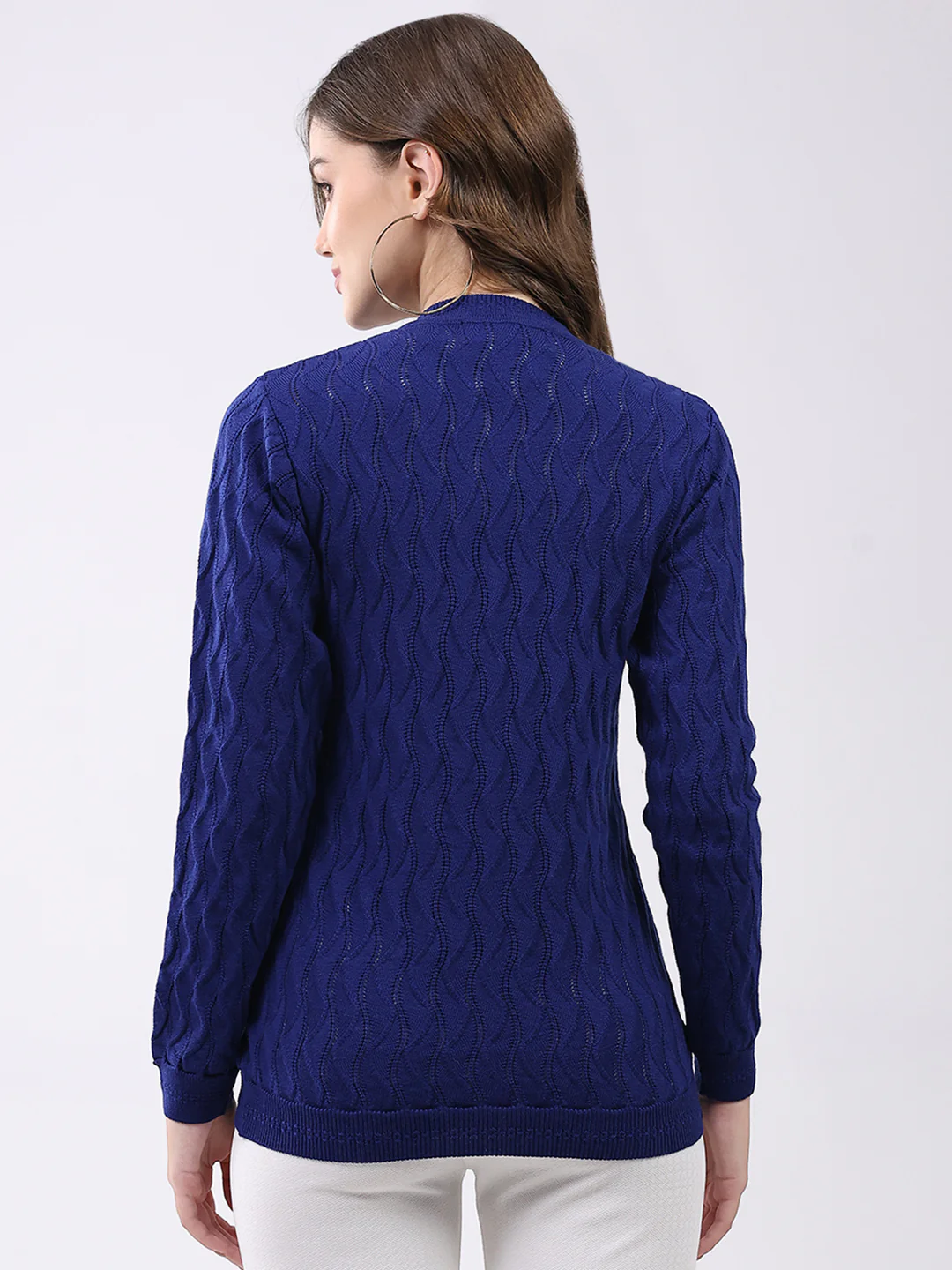 Women Blue Self Design V Neck Full Sleeve Cardigan - Image 5
