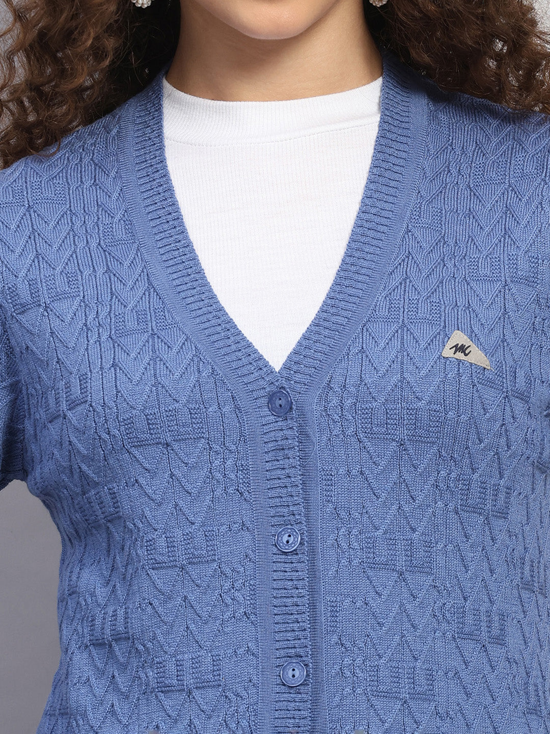 Women Blue Self Design V Neck Full Sleeve Cardigan - Image 6