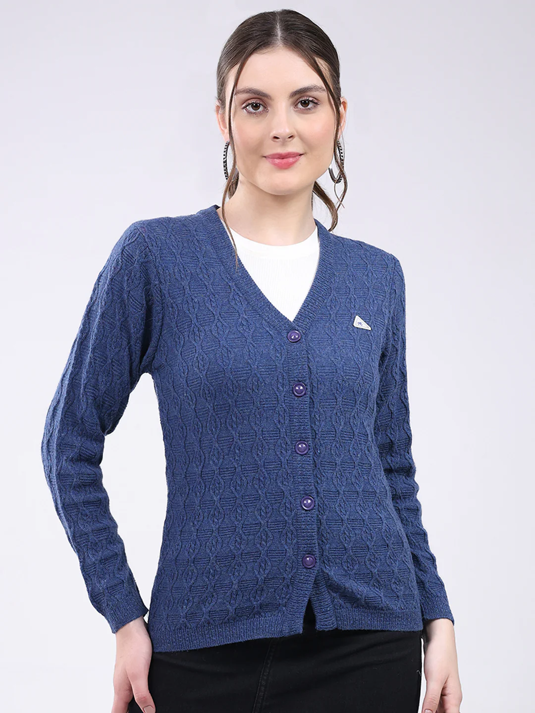 Women Blue Self Design V Neck Full Sleeve Cardigan