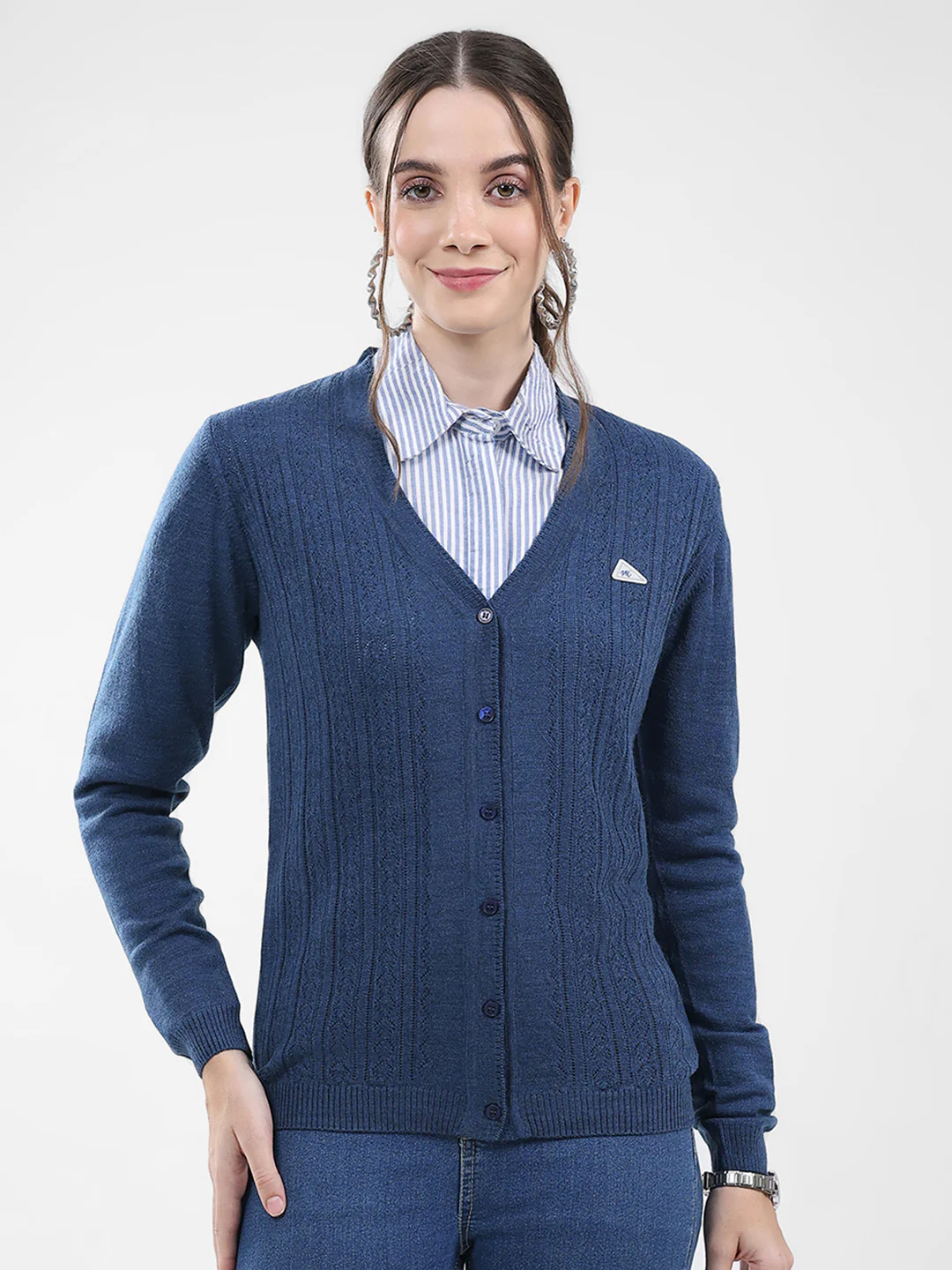 Women Blue Self Design V Neck Full Sleeve Cardigan