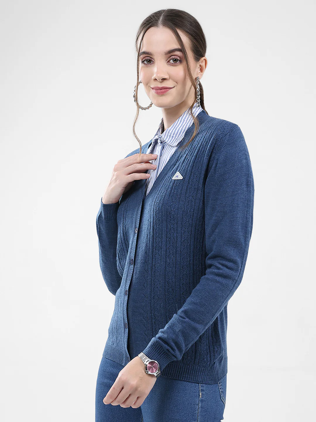 Women Blue Self Design V Neck Full Sleeve Cardigan - Image 3